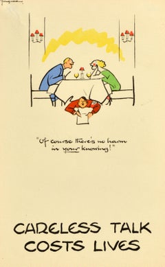 Original Vintage War Poster Careless Talk Costs Lives No Harm Restaurant WWII