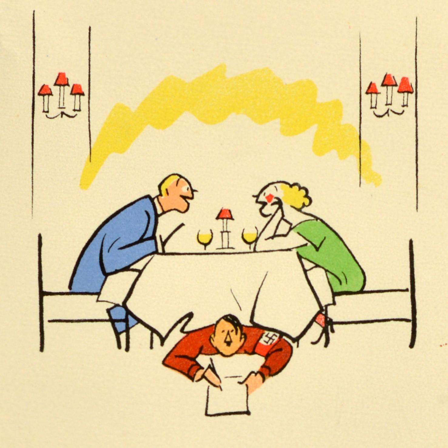 Metà XX secolo Poster di guerra originale d'epoca Le chiacchiere incaute costano vite, non danneggiano il ristorante della seconda guerra mondiale in vendita