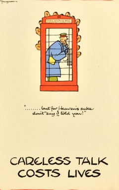 Original Vintage War Poster Careless Talk Costs Lives Phone Booth Fougasse WWII