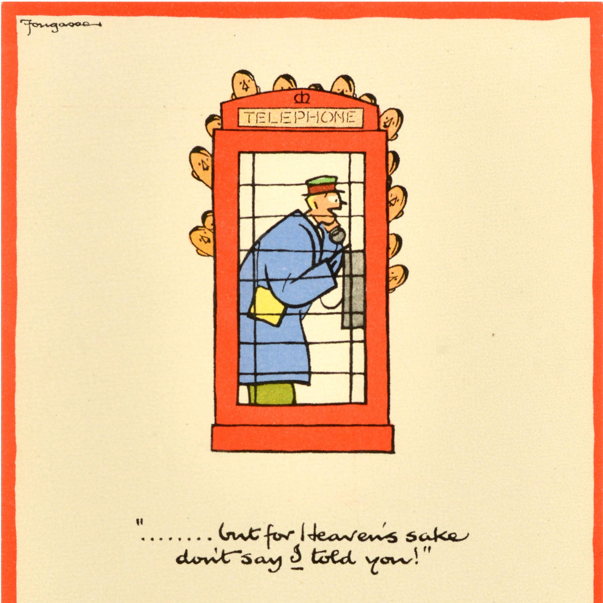 Britannico Poster di guerra originale d'epoca Le chiacchiere incaute costano vite umane Cabina telefonica Fougasse WWII in vendita