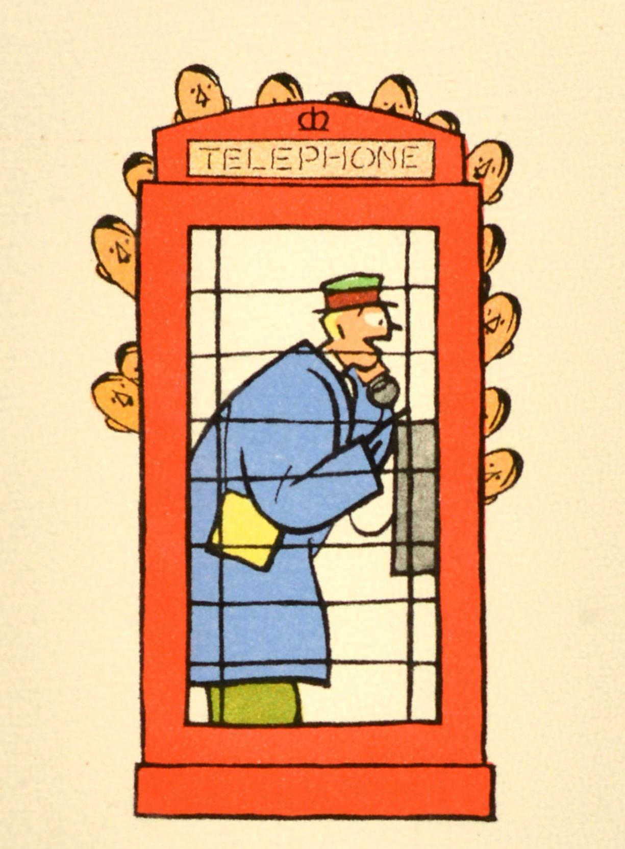 Metà XX secolo Poster di guerra originale d'epoca Le chiacchiere incaute costano vite umane Cabina telefonica Fougasse WWII in vendita