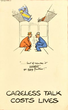 Original Vintage War Poster Careless Talk Costs Lives Train Fougasse WWII