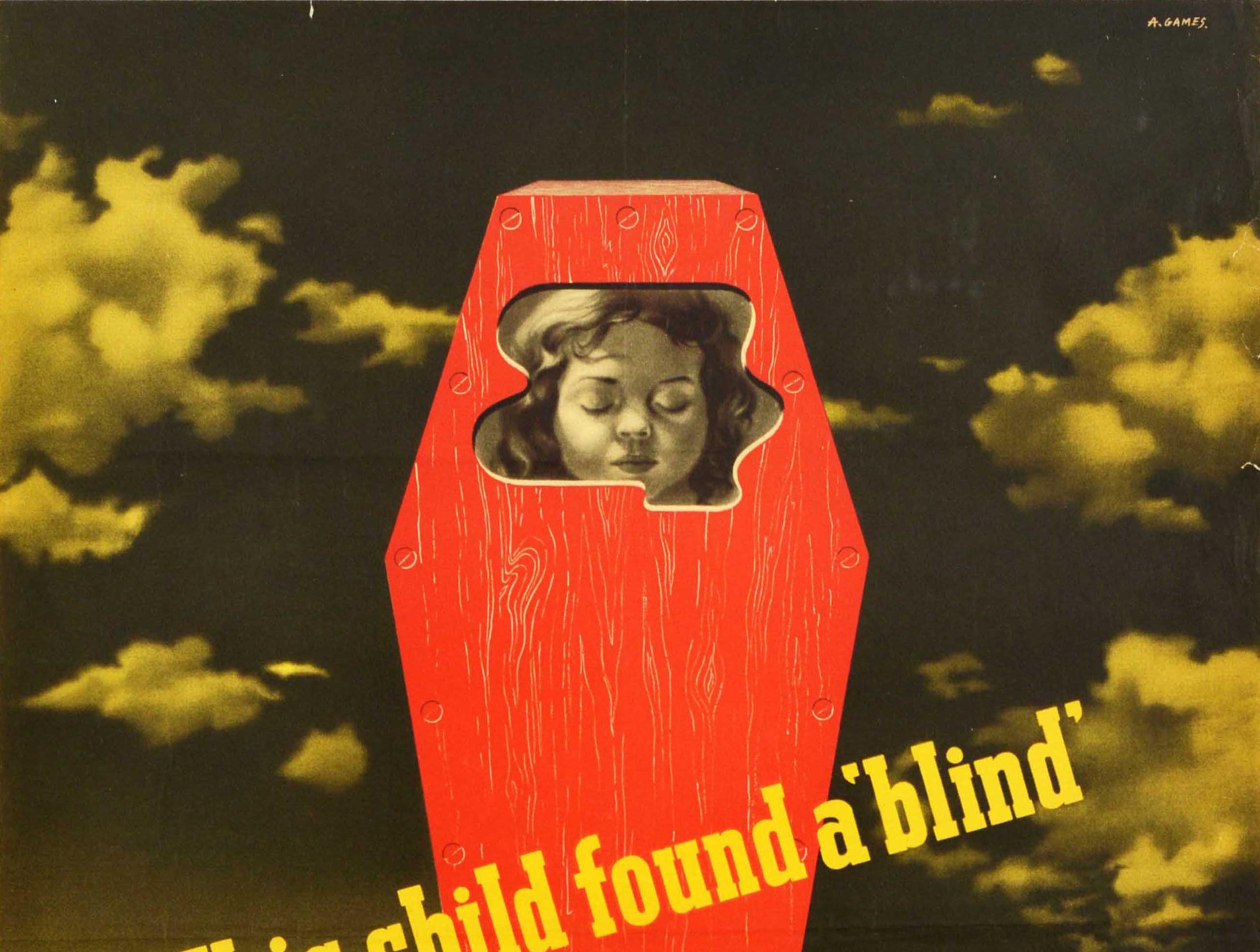 Original vintage World War Two bomb safety poster - This child found a 'blind' Accidents occur daily with blinds left on ranges Report all blinds for destruction at the end of the day's work - featuring a modernist design by the notable British