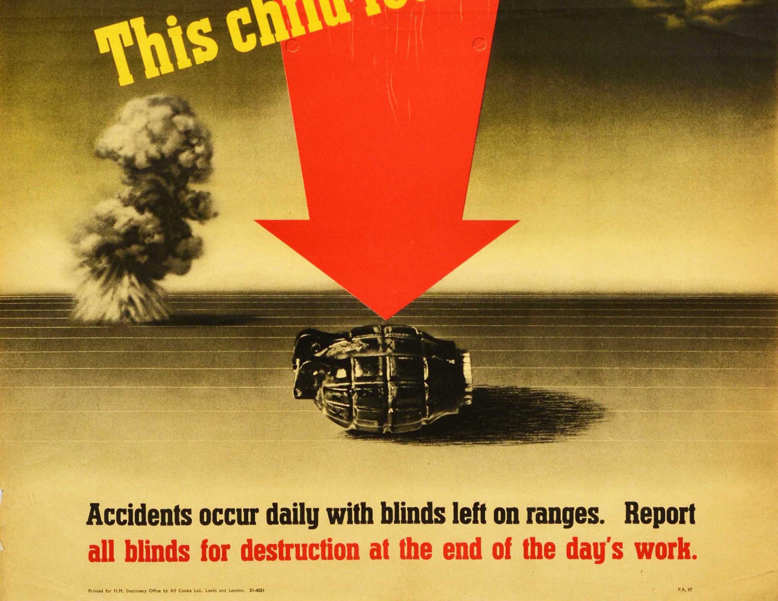 Britannique Affiche rétro originale de la guerre, Child Found A Blind, Seconde Guerre mondiale, Ammunition, Coquillages, Modernisme en vente