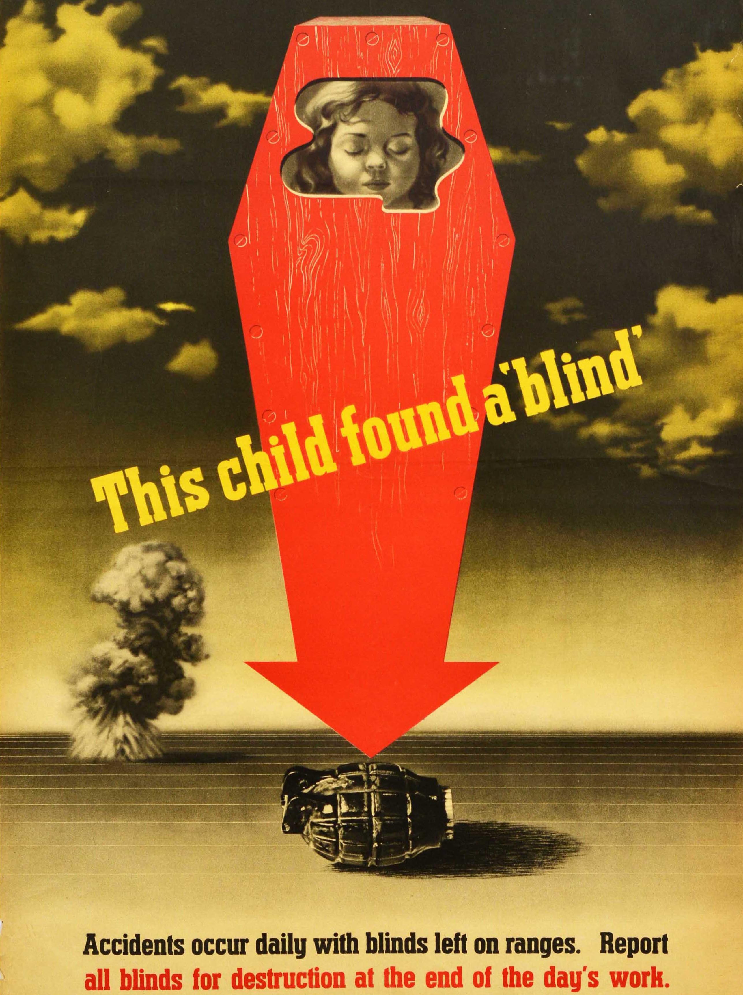 Affiche rétro originale de la guerre, Child Found A Blind, Seconde Guerre mondiale, Ammunition, Coquillages, Modernisme Bon état - En vente à London, GB