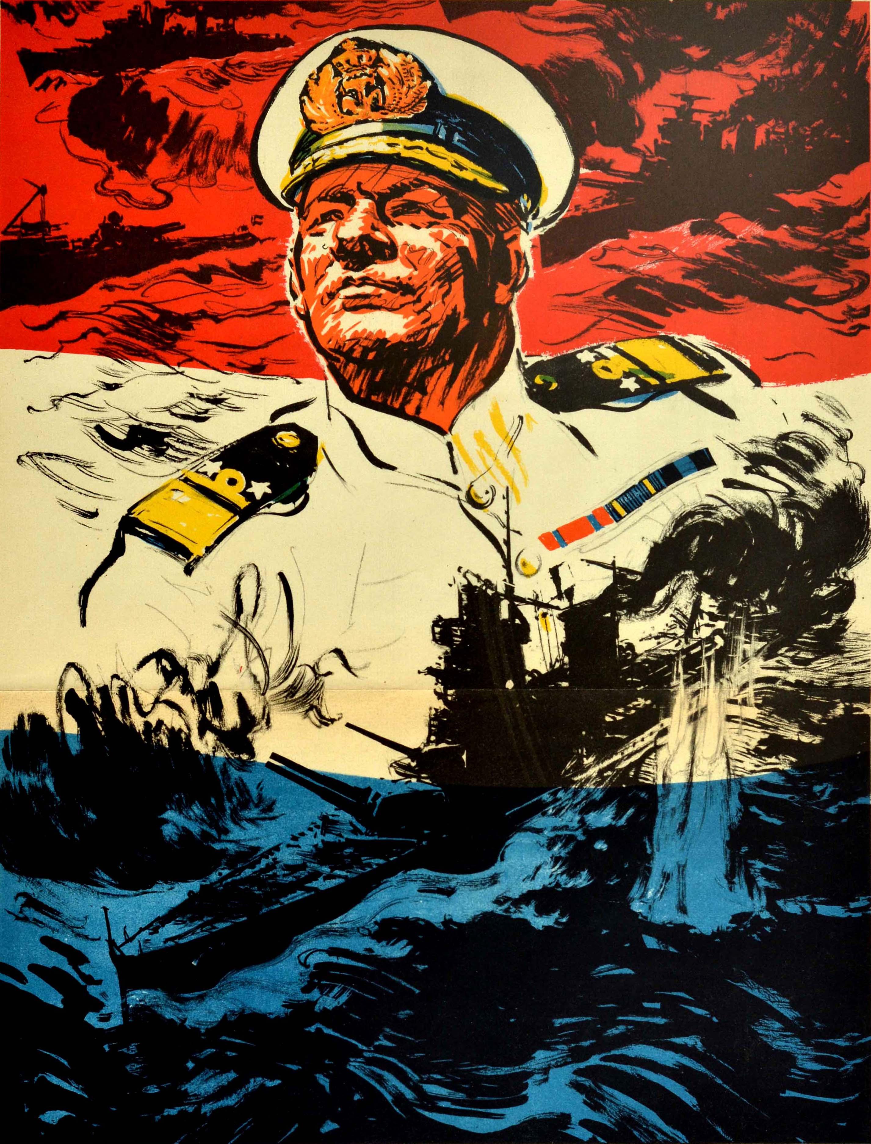 Poster originale d'epoca per il reclutamento militare della Marina olandese durante la Seconda Guerra Mondiale, relativo all'azione nelle Indie Orientali Olandesi - Ik val aan ... volgt mij dit sein waarmee schout bij nacht doorman de Japansche