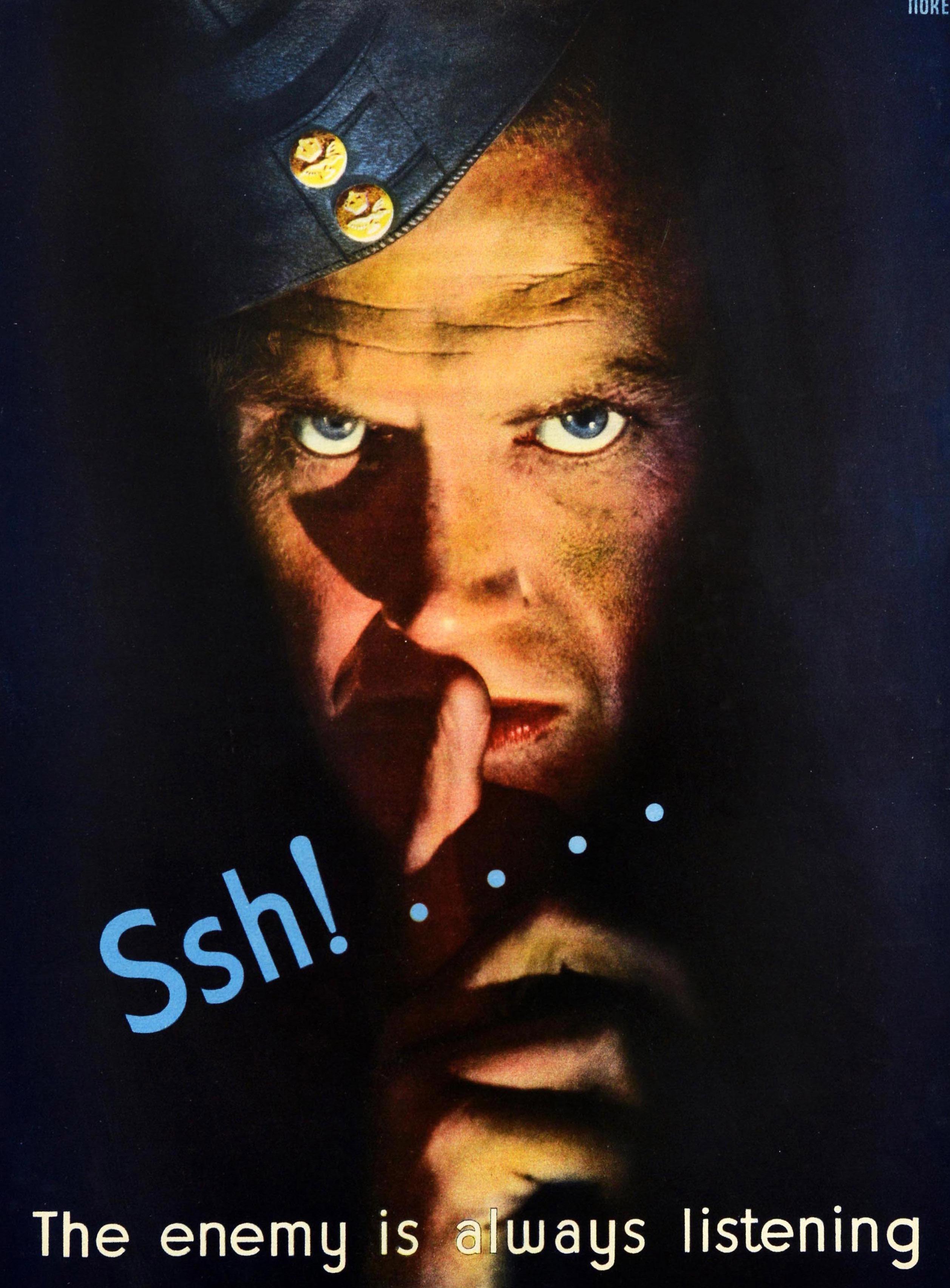 Original vintage World War Two poster - Ssh! The Enemy Is Always Listening - featuring a dynamic image showing a man in military uniform looking at the viewer with a warning about careless talk and keeping quiet, indicating his finger against his
