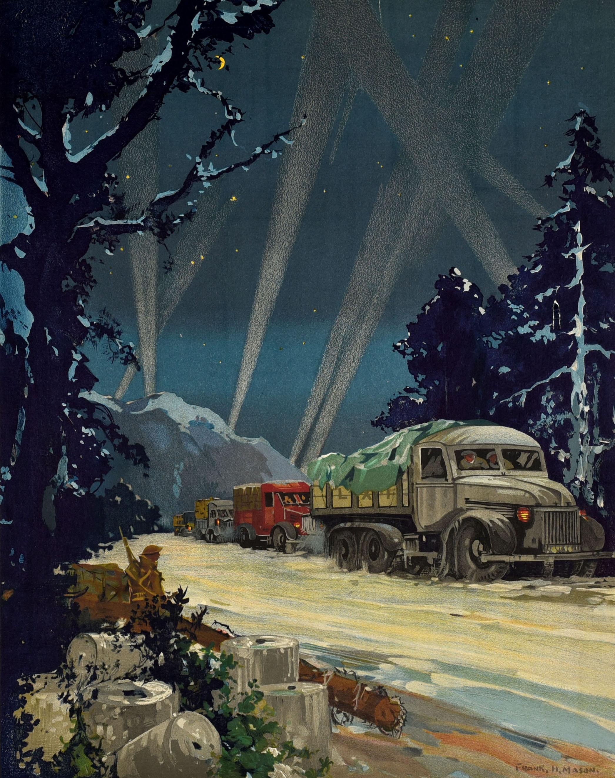 Poster originale d'epoca della Seconda Guerra Mondiale - Feeding 45 Millions Transport - con un'opera d'arte del noto artista britannico Frank H. Mason (Frank Henry Mason; 1875-1963) che raffigura un'immagine di guerra dinamica di un convoglio di