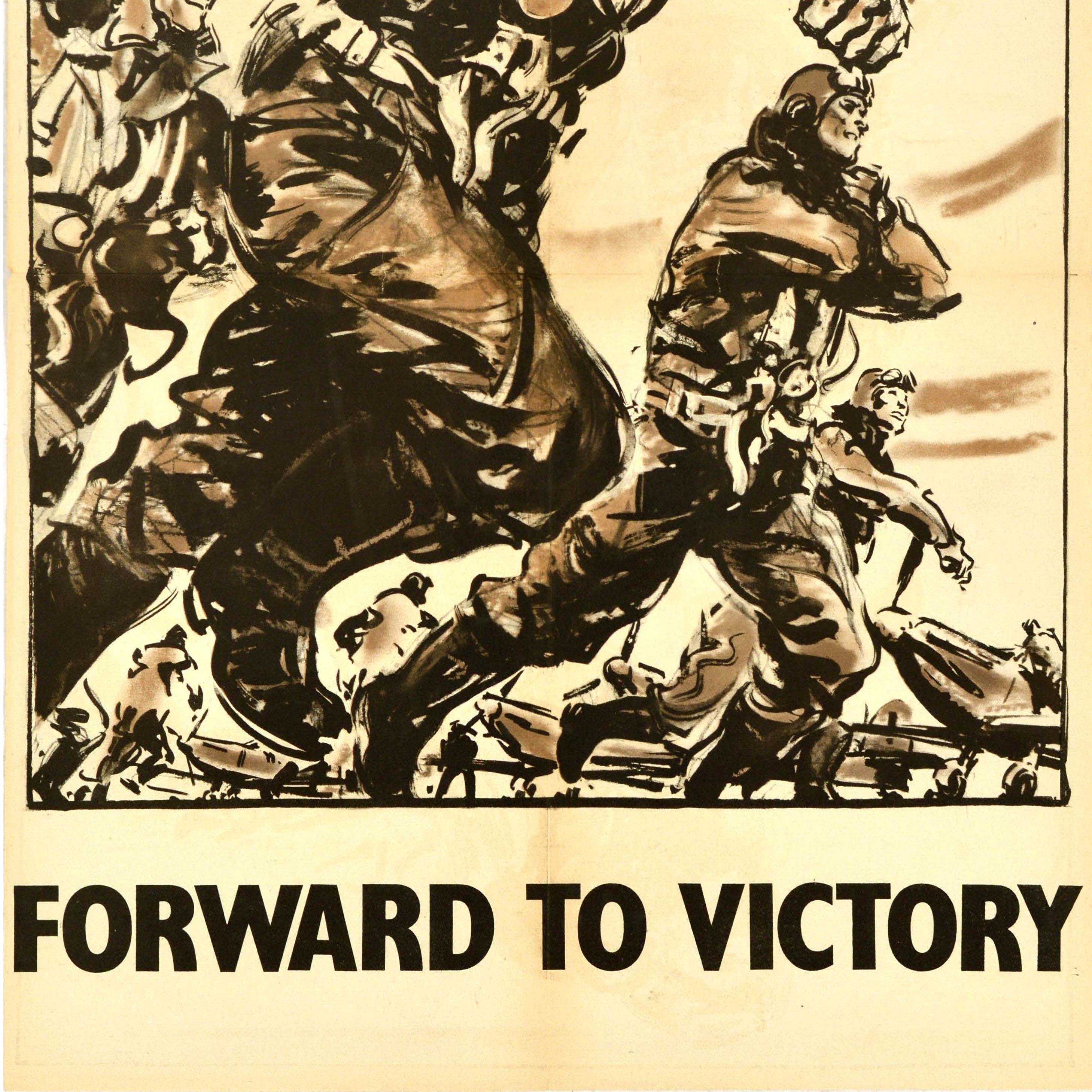 Poster di guerra d'epoca originale Forward To Victory Spitfire Pilots Blitz WWII RAF In condizioni buone in vendita a London, GB