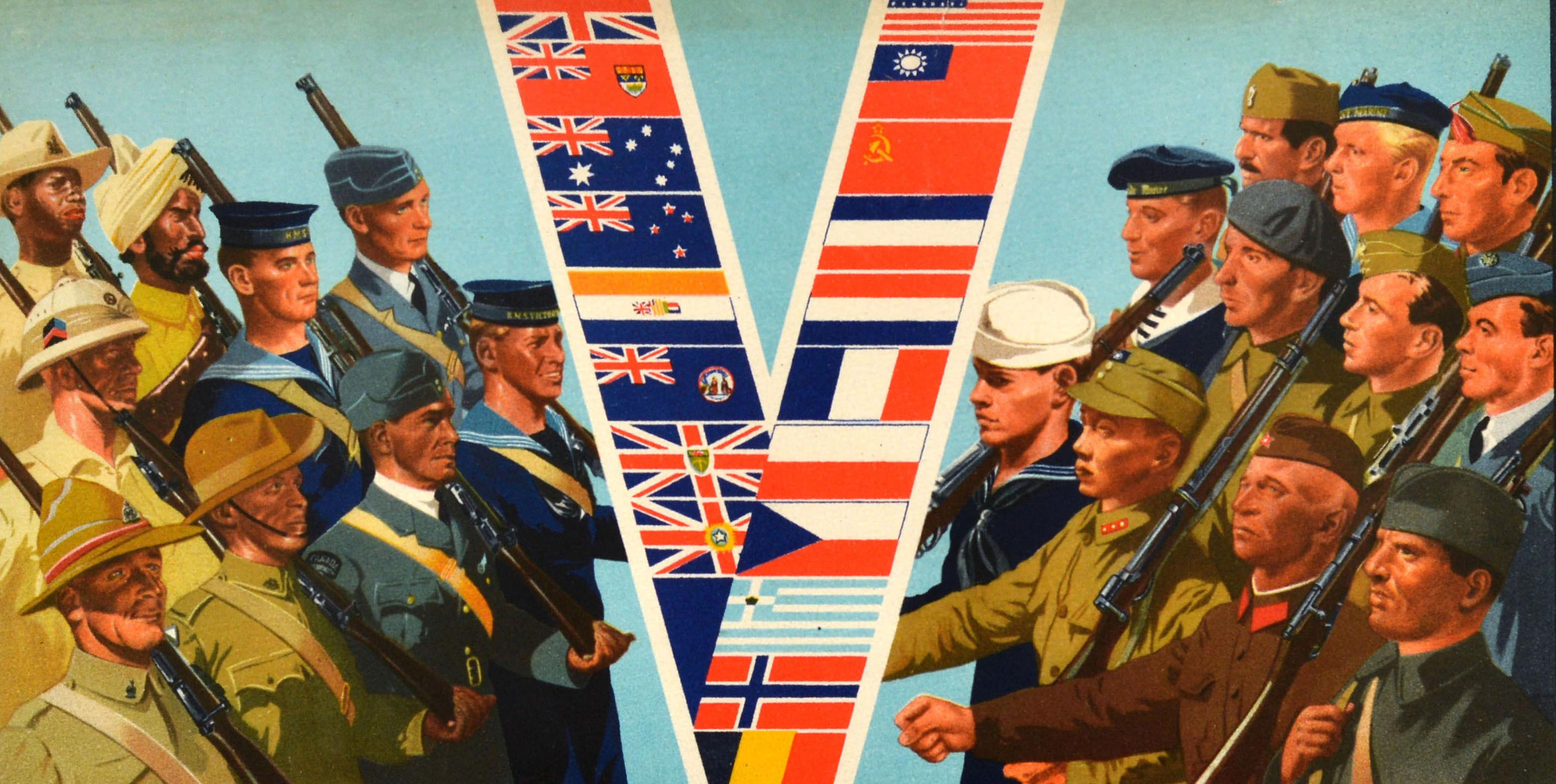 Poster originale della Seconda Guerra Mondiale - Freedom Shall Prevail! - con un'illustrazione di soldati britannici, canadesi, australiani, neozelandesi, della Rhodesia del Sud, di Terranova, sudafricani, indiani e dell'Impero Coloniale a sinistra,