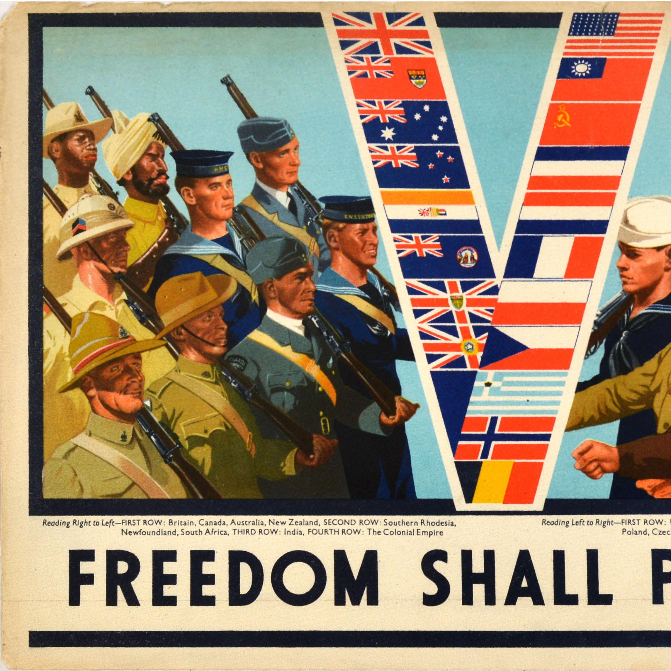Britannico Poster di guerra originale d'epoca Freedom Shall Prevail WWII Victory Soldiers W Little in vendita