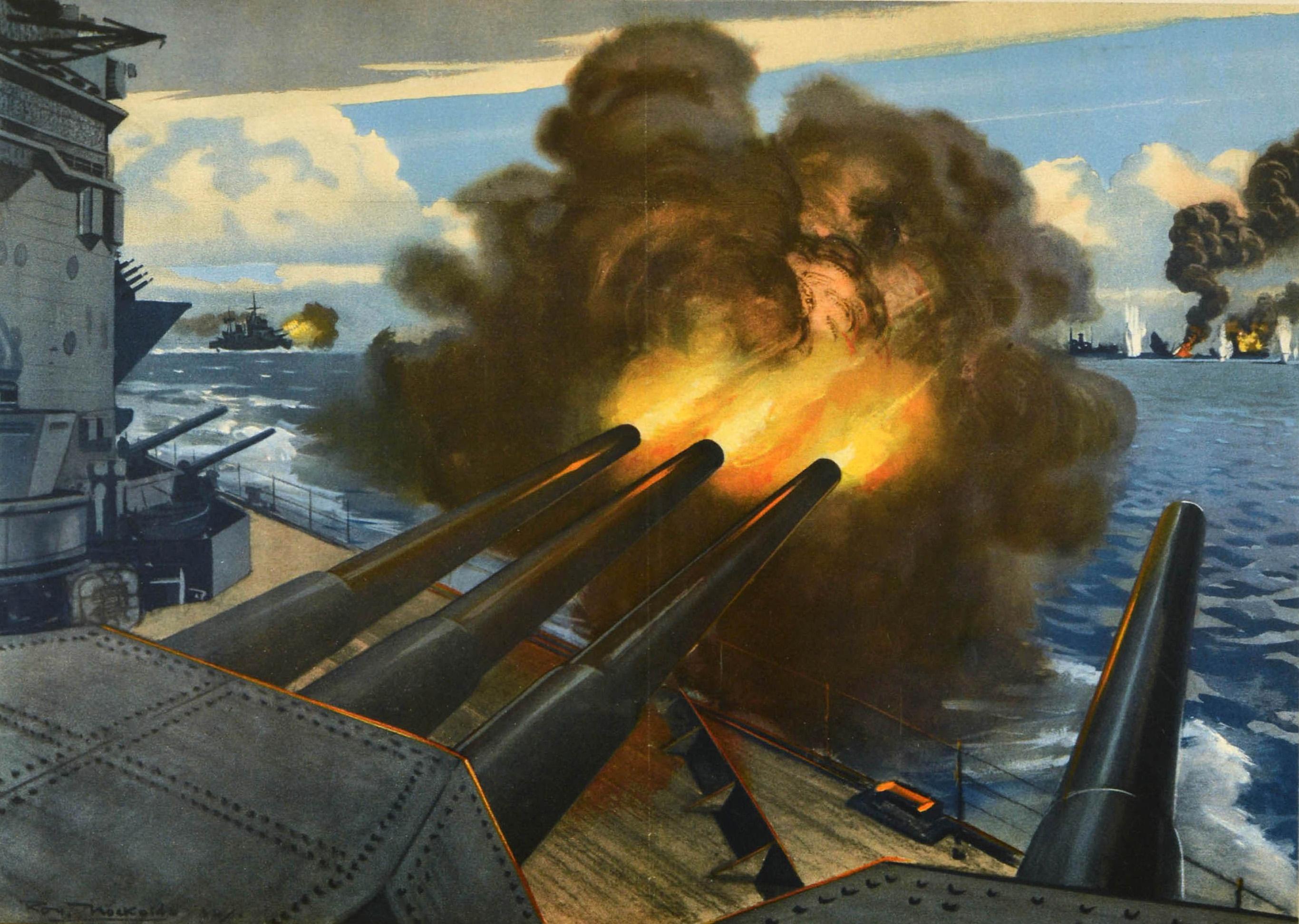Poster originale d'epoca della Seconda Guerra Mondiale - Your Manganese Makes Steel for Fighting Ships Thank You Gold Coast! - con un disegno di Roy Anthony Nockolds (1911-1979) che raffigura due illustrazioni con il testo nero in mezzo; un'immagine