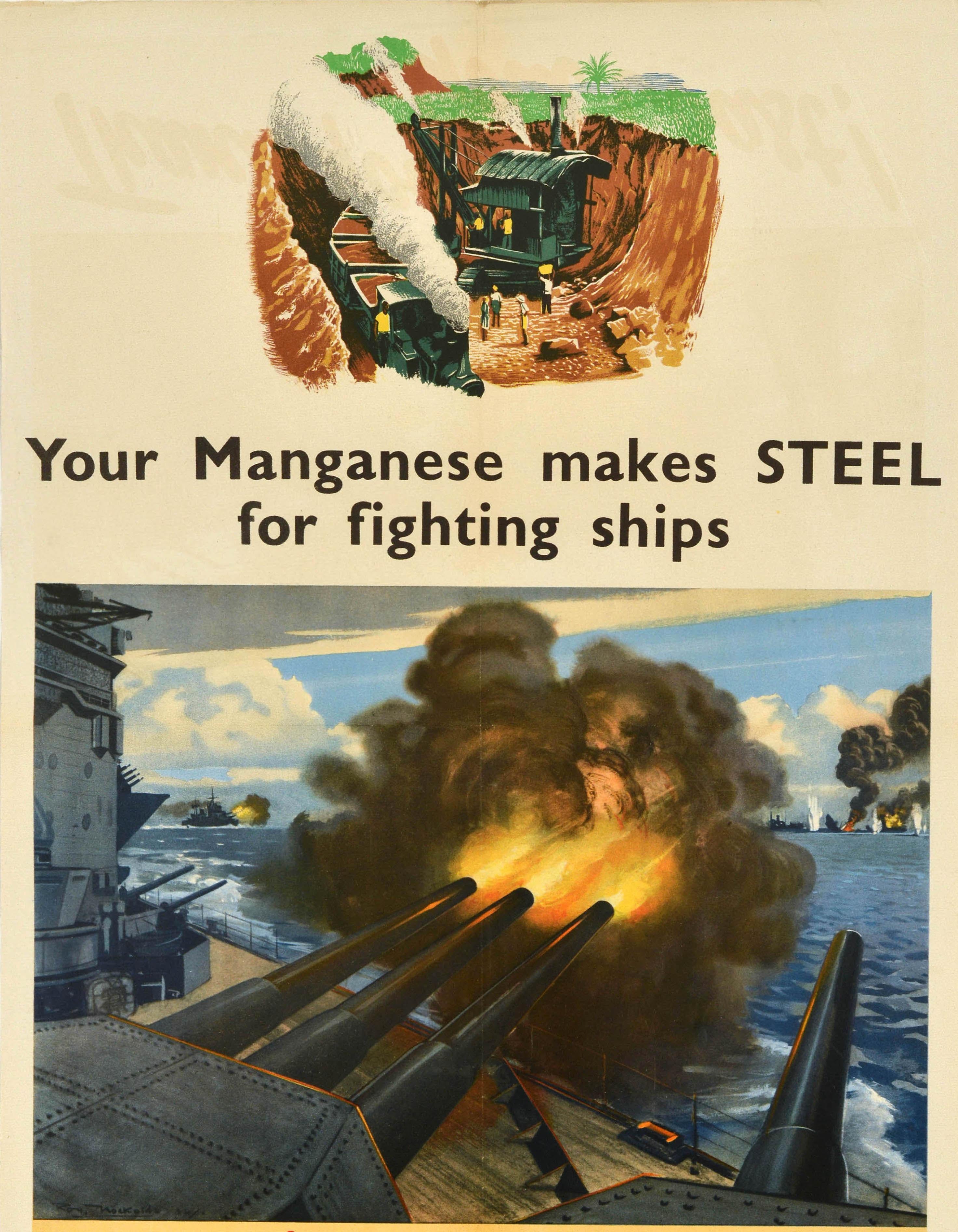 Poster di guerra originale d'epoca Gold Coast Manganese produce navi d'acciaio WWII Navy In condizioni buone in vendita a London, GB