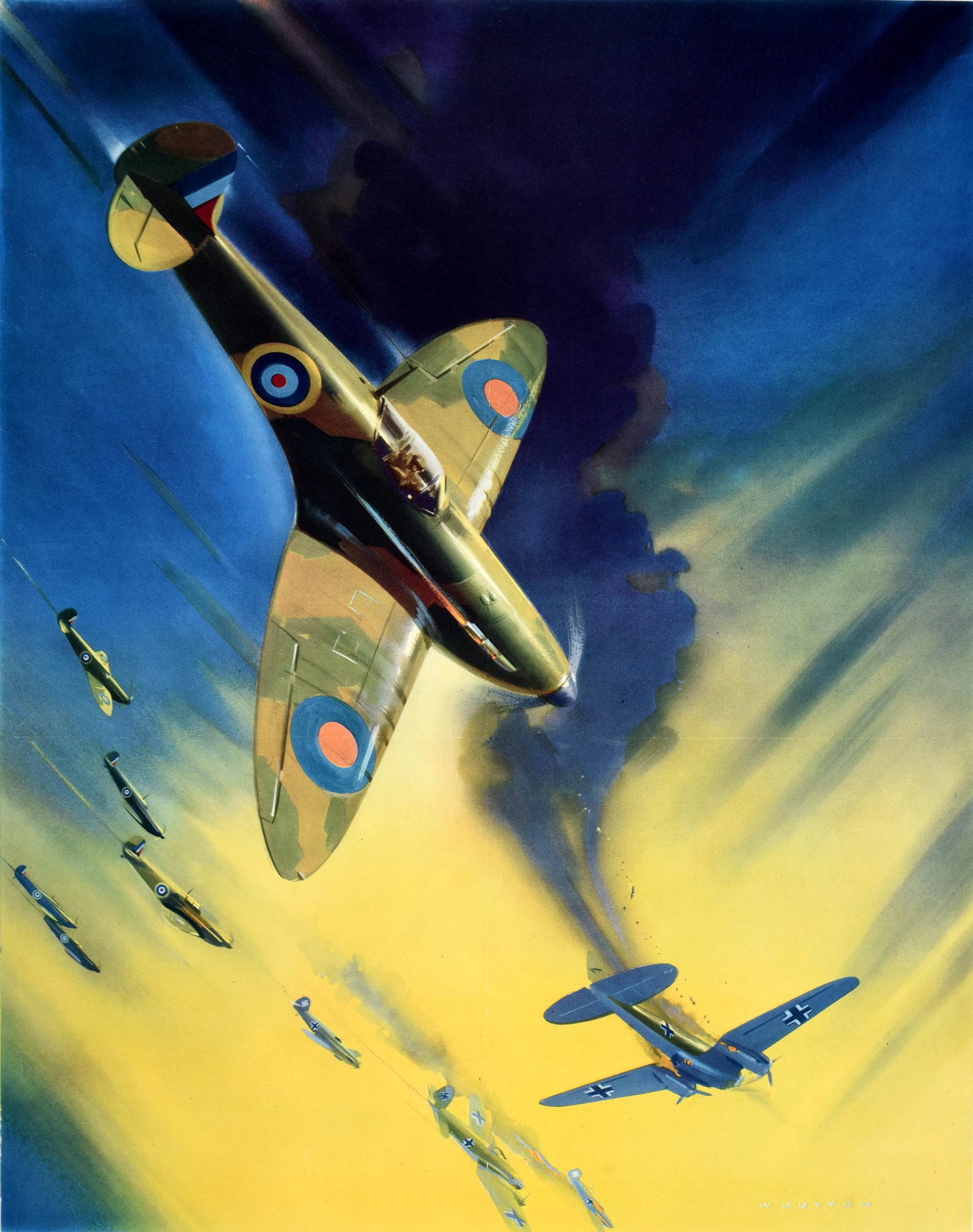 Original vintage World War Two poster - Help Britain Finish the Job! - featuring dynamic artwork by the notable British painter and illustrator Frank Wootton (1911-1998) depicting an aerial battle scene showing British RAF spitfire planes chasing