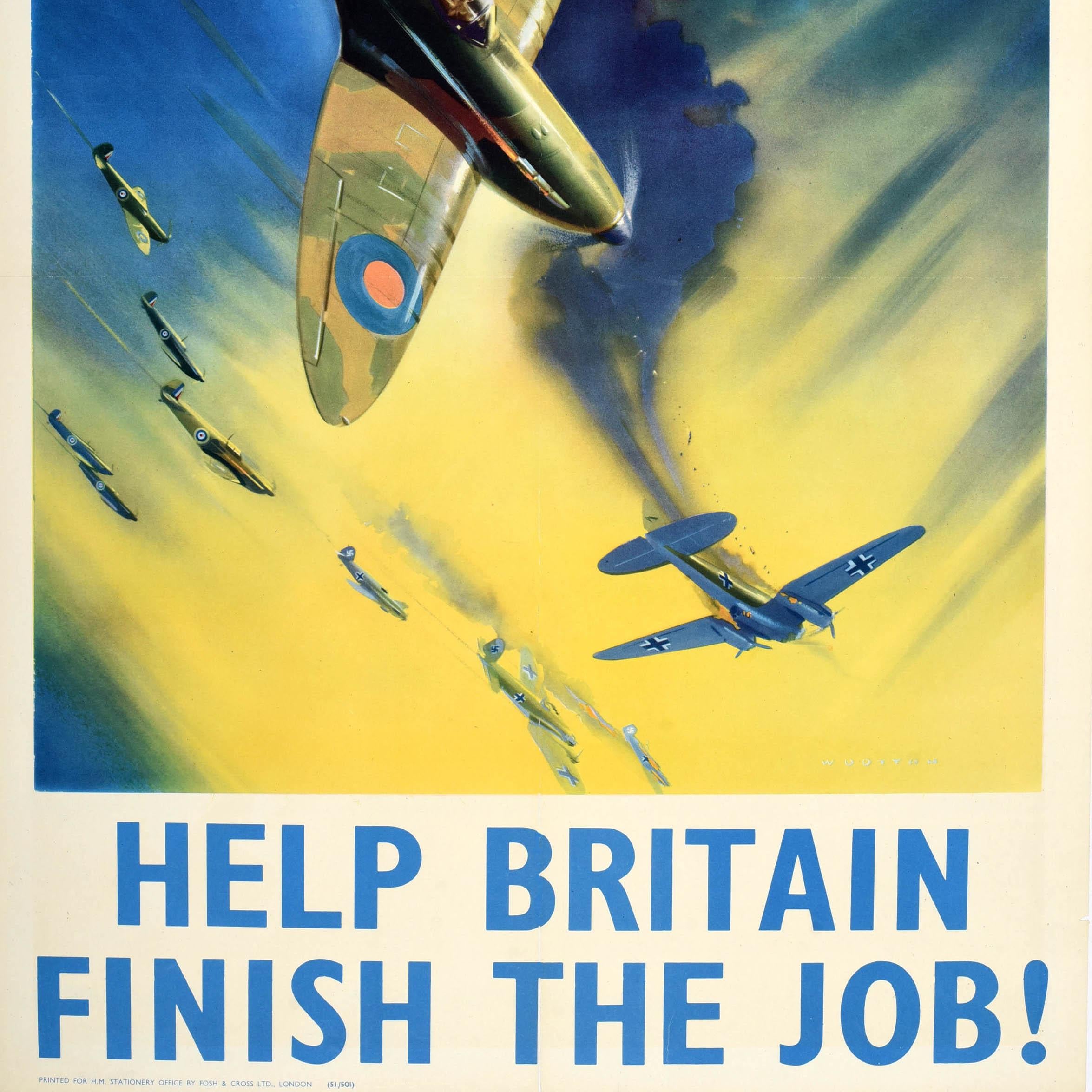 Original Vintage War Poster Help Britain Finish The Job Spitfire Wootton WWII In Good Condition In London, GB