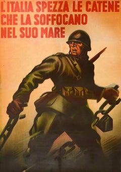 Original Vintage War Poster Italy Breaks Chains That Suffocate Her WWII Soldier