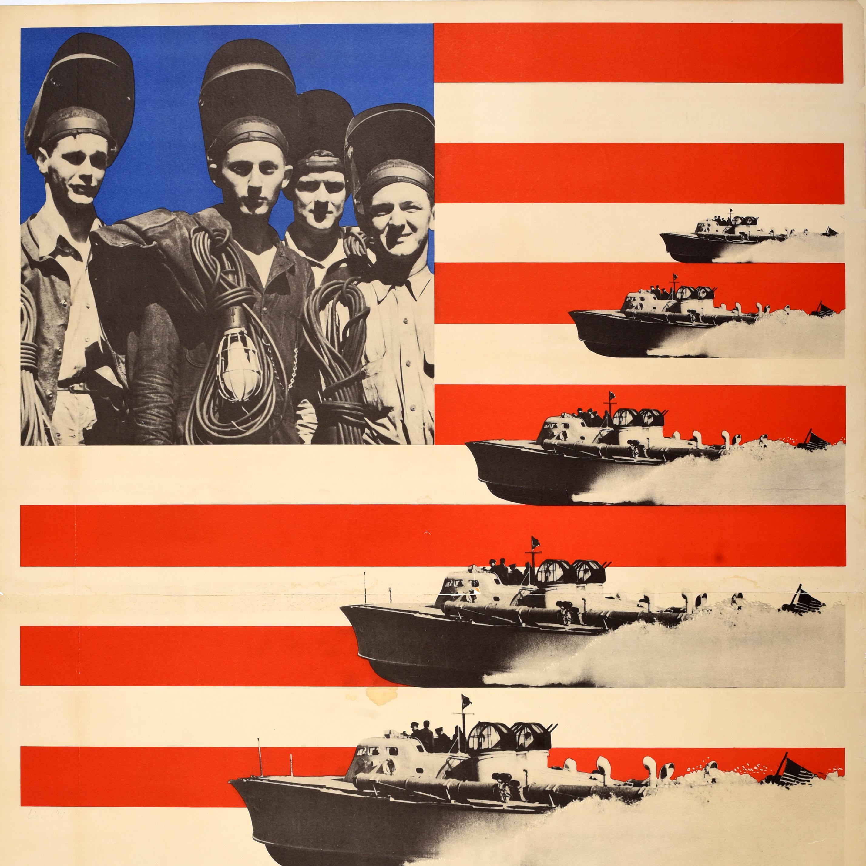 Original Vintage Kriegsplakat Keep 'em Rolling WWII USA Marine Home Front PT Boote, Vintage (amerikanisch) im Angebot