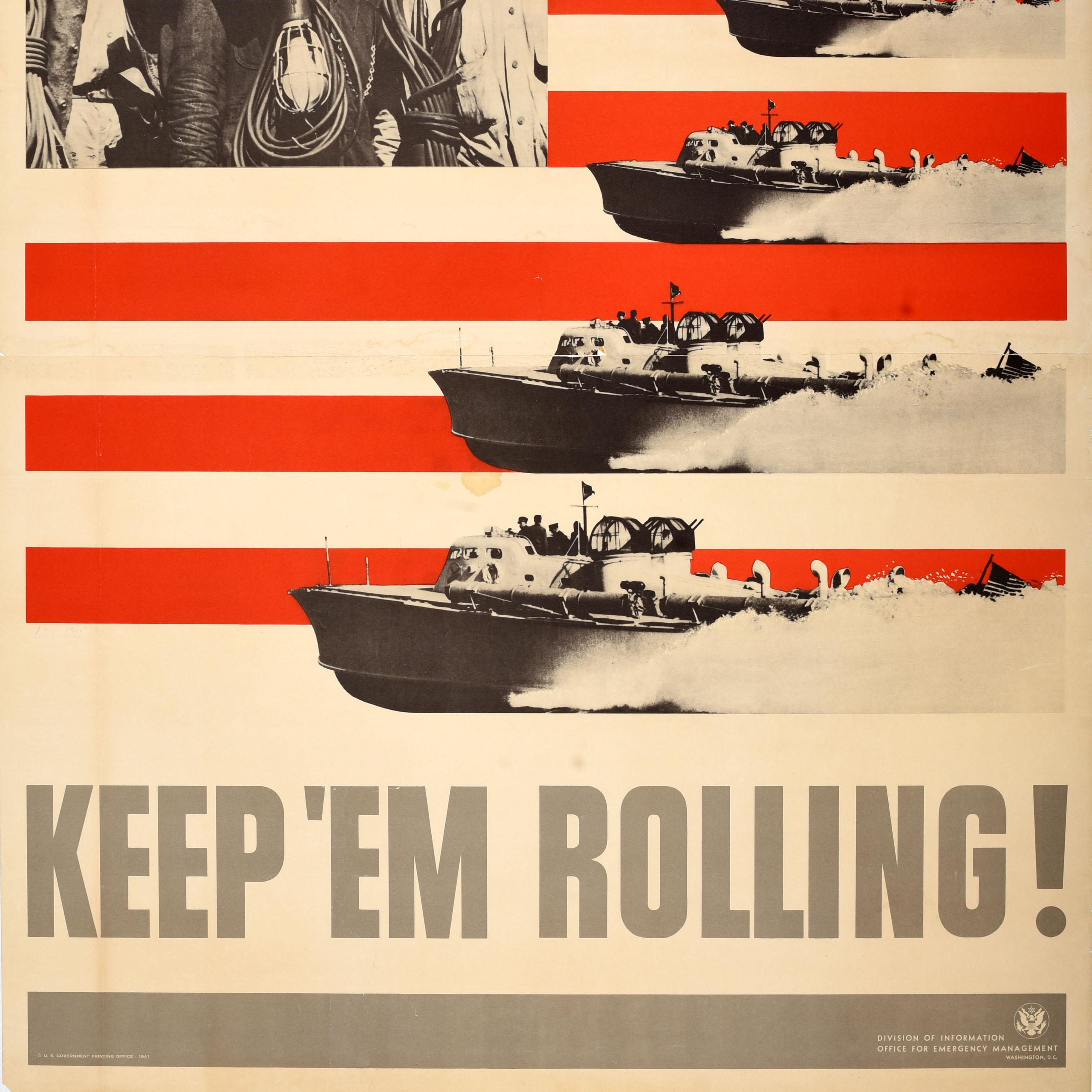 Original Vintage Kriegsplakat Keep 'em Rolling WWII USA Marine Home Front PT Boote, Vintage im Zustand „Gut“ im Angebot in London, GB