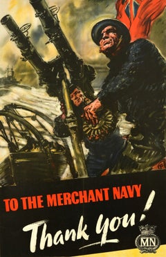 Original Vintage War Poster Merchant Navy Thank You Gun Harold Forster WWII