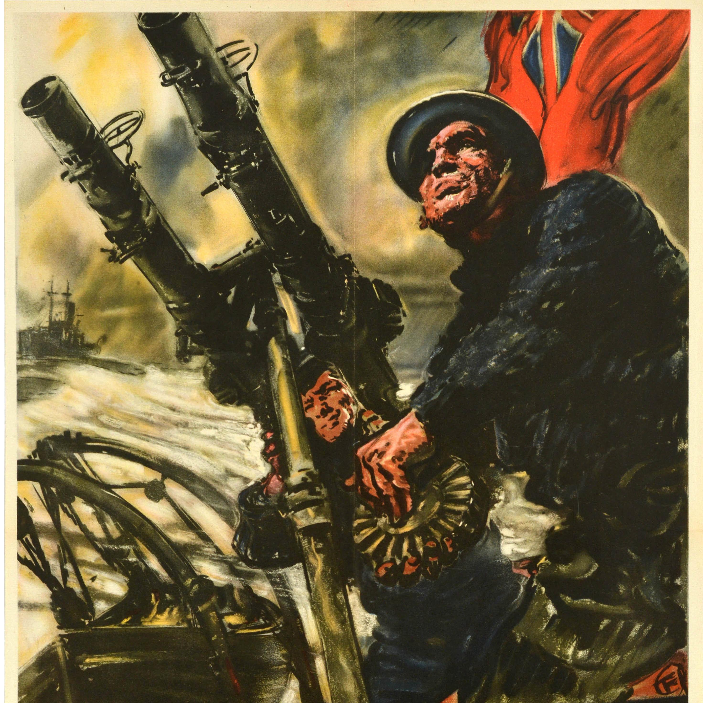 British Original Vintage War Poster Merchant Navy Thank You Gun Harold Forster WWII For Sale