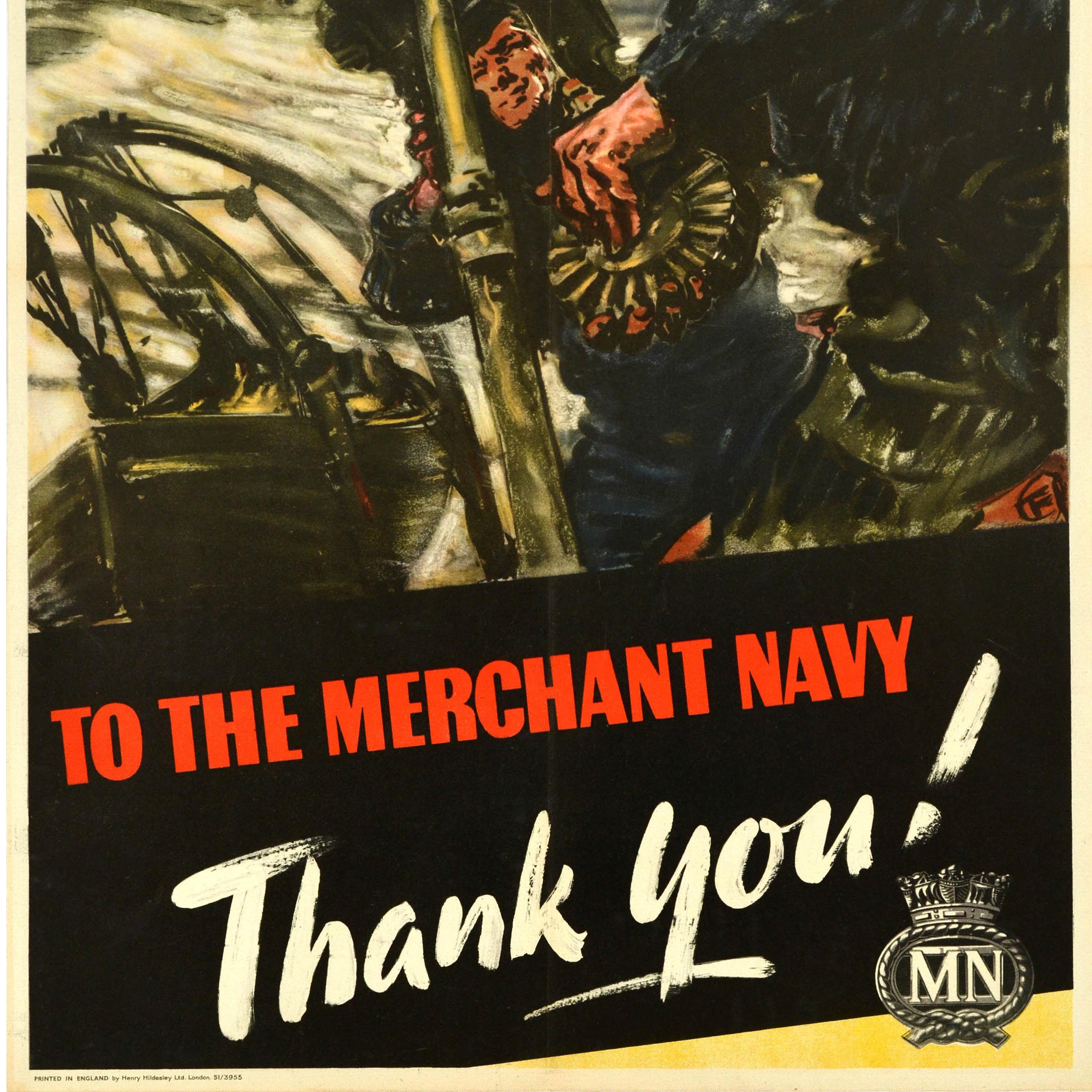 Original Vintage War Poster Merchant Navy Thank You Gun Harold Forster WWII In Good Condition For Sale In London, GB