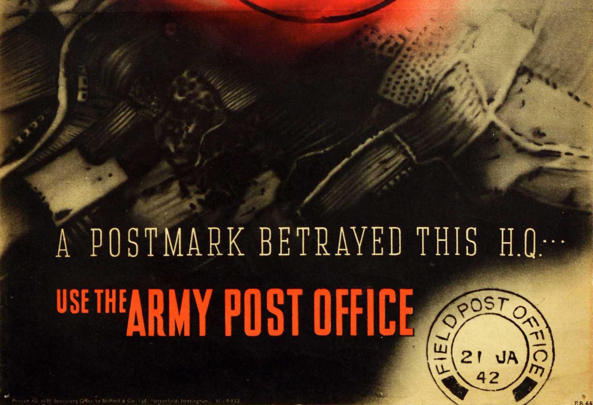 Britannique Original Vintage War Poster Postmark Betrayed HQ Army Post Office WWII Modernism en vente