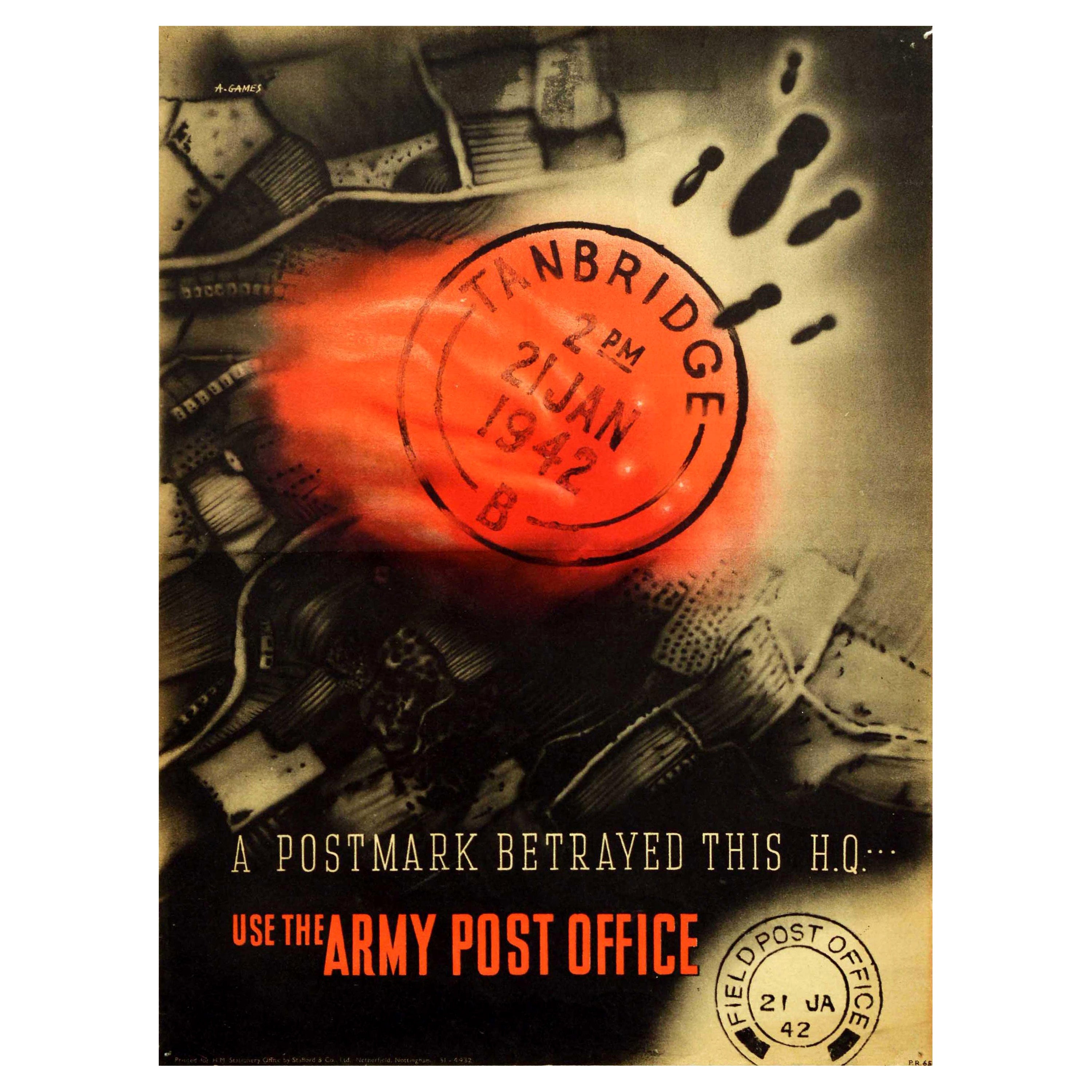 Poster di guerra originale d'epoca Timbro postale tradito HQ Ufficio postale dell'esercito WWII Modernismo