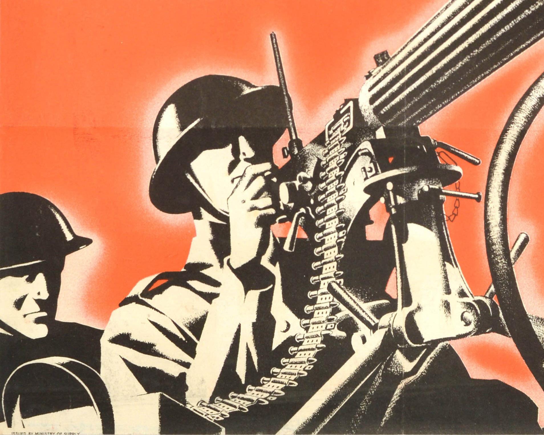 Original vintage World War Two home front recycling propaganda poster - Put out waste paper It is used for ammunition and other vital needs - featuring a soldier manning a mounted machine gun against an orange background with the bold black and