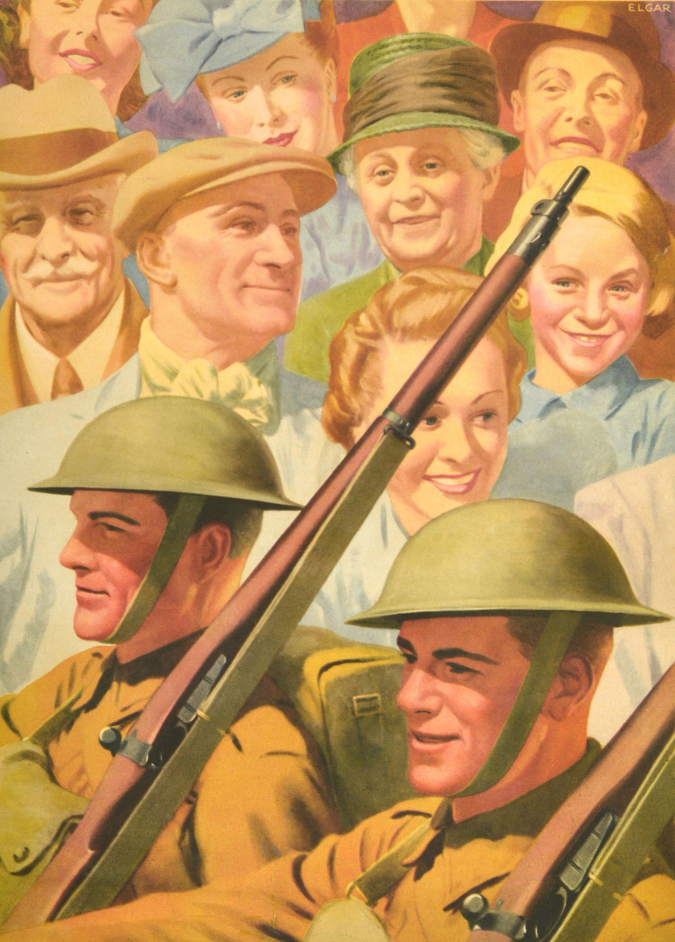 Original vintage World War Two National Savings home front poster - Keep on Saving Salute the Soldier - featuring an image of soldiers in uniform marching with rifle guns on their shoulders in front of a crowd of smiling people supporting them, the
