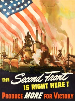 Original Vintage War Poster Second Front Is Here Produce More For Victory WWII