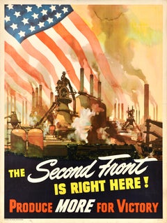 Original Vintage War Poster Second Front Is Here Produce More For Victory WWII