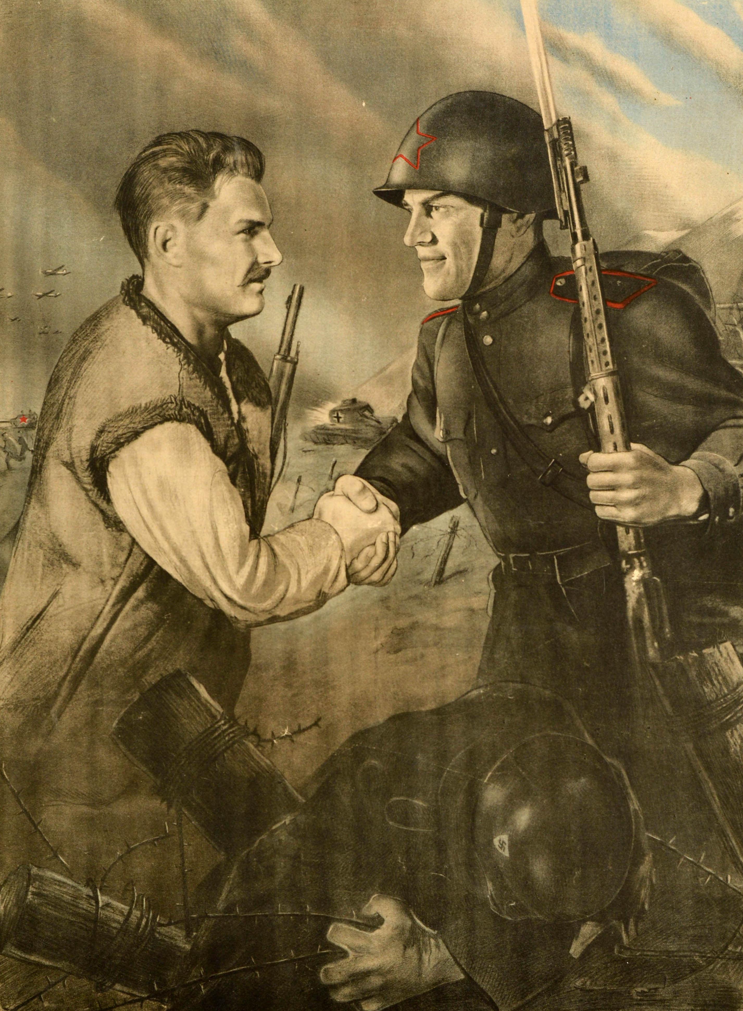 Poster originale della Seconda Guerra Mondiale - Jednota slovanu v boji tot rozsudek smrti nad nemeckymi bestiemi! / L'unità slava in battaglia è una condanna a morte per le bestie tedesche! - con un'opera d'arte che raffigura un soldato sovietico