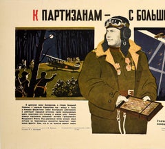 Original Vintage War Poster Soviet Pilot Civil Air Fleet Partisans USSR WWII