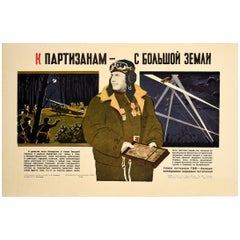 Original Vintage War Poster Soviet Pilot Civil Air Fleet Partisans USSR WWII