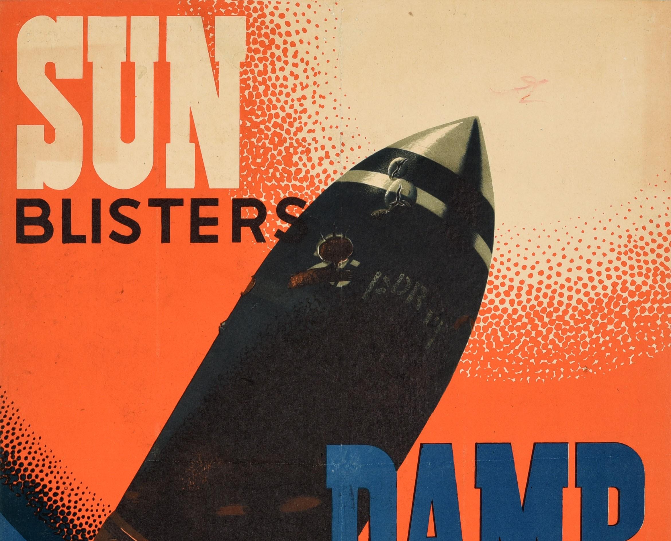 Originales Propagandaplakat für die Sicherheit im Zweiten Weltkrieg - Sun Blisters Damp Rusts Ammunition Keep It Cover - mit einem dynamischen Entwurf des bedeutenden britischen Plakatkünstlers Frank Newbould (1887-1951) von durch Hitze und Wasser