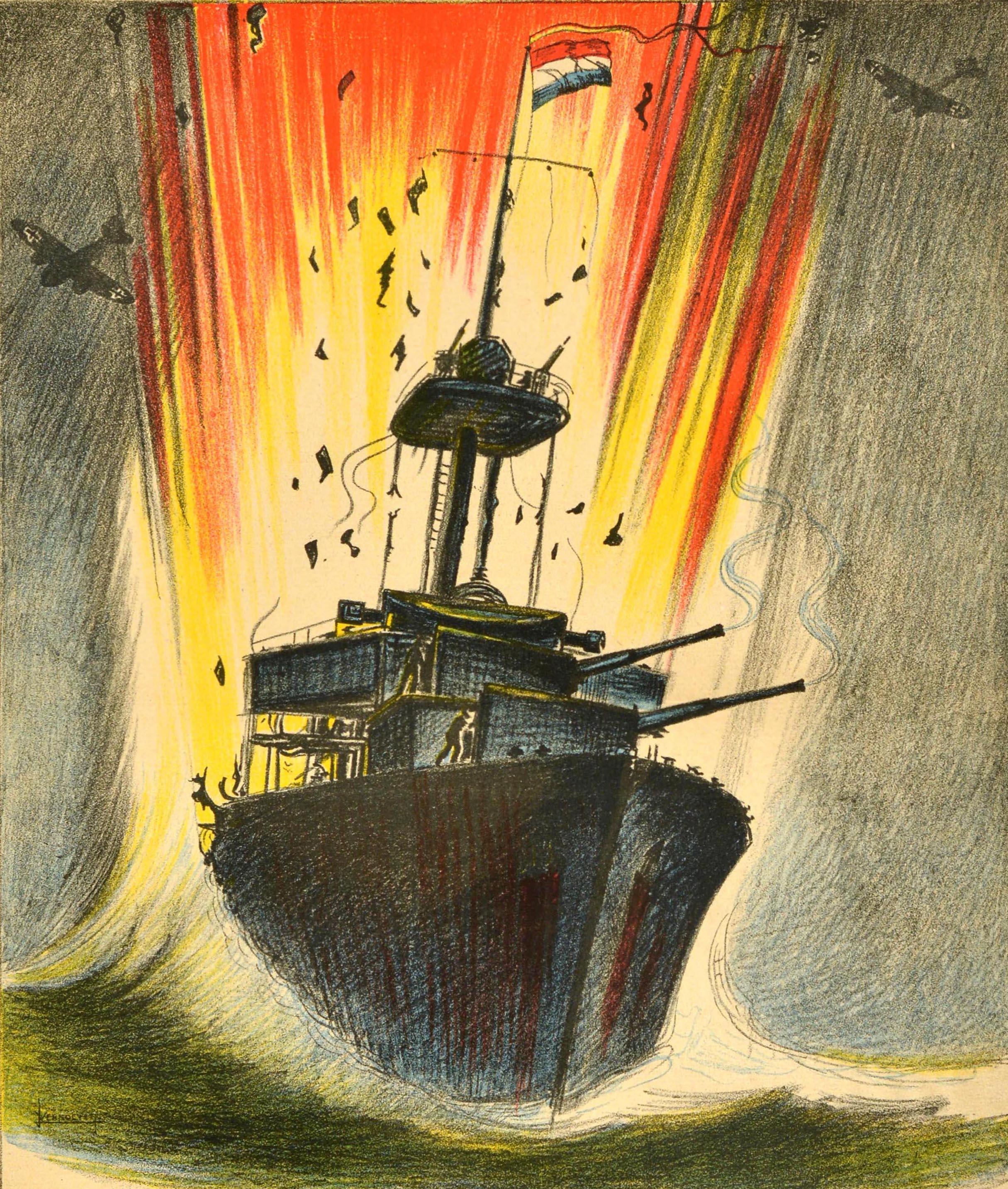 Original vintage World War Two poster - Support the legacy of our fallen Navy men / Steunt de nagelaten betrekkingen van onze gesneuvelde Marinemannen - featuring dramatic artwork by Jan Verhoeven (Johannes Cornelis Verhoeven; 1917-1997) depicting a