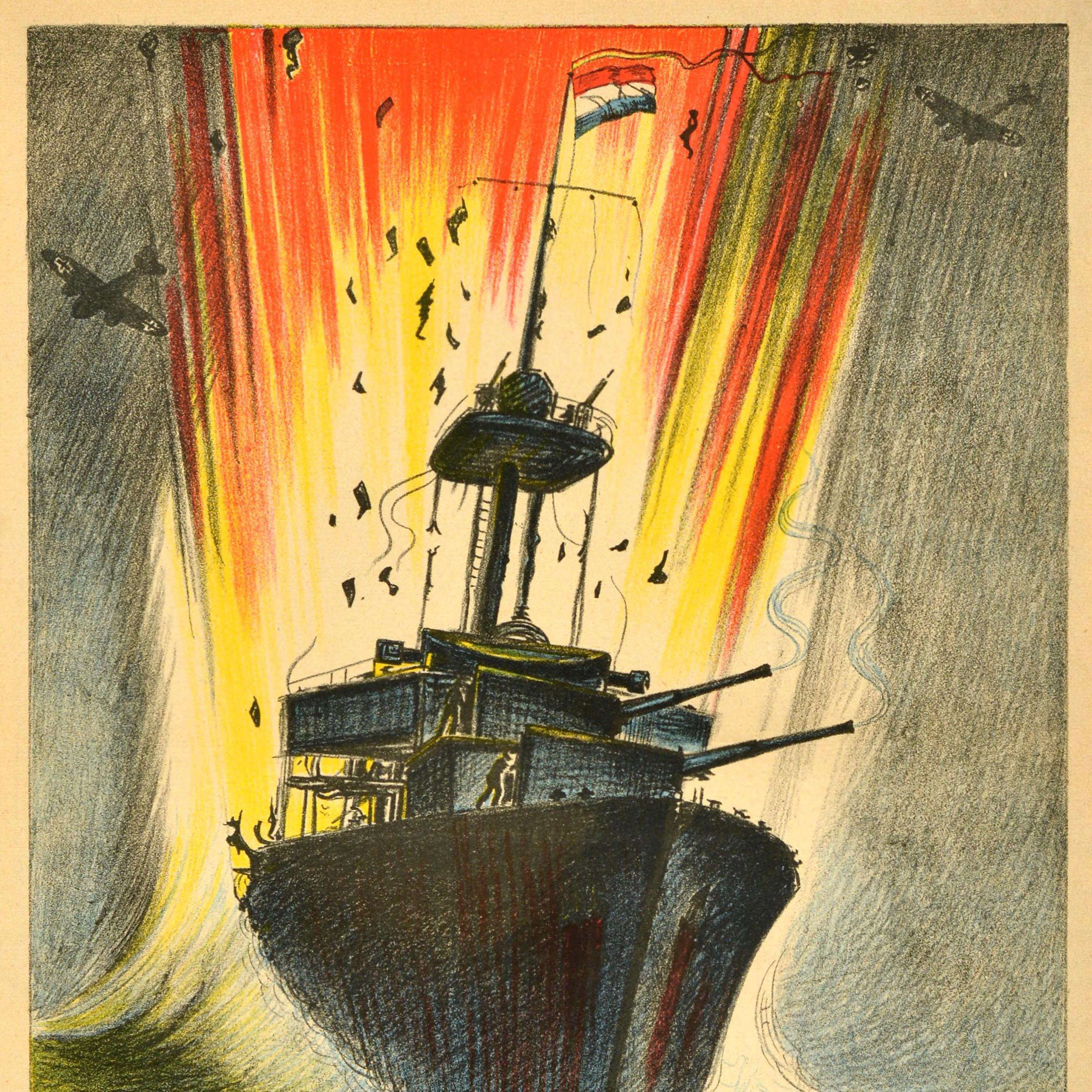 Original Vintage War Poster Support The Legacy Of Our Fallen Navy Men WWII Dutch In Good Condition For Sale In London, GB