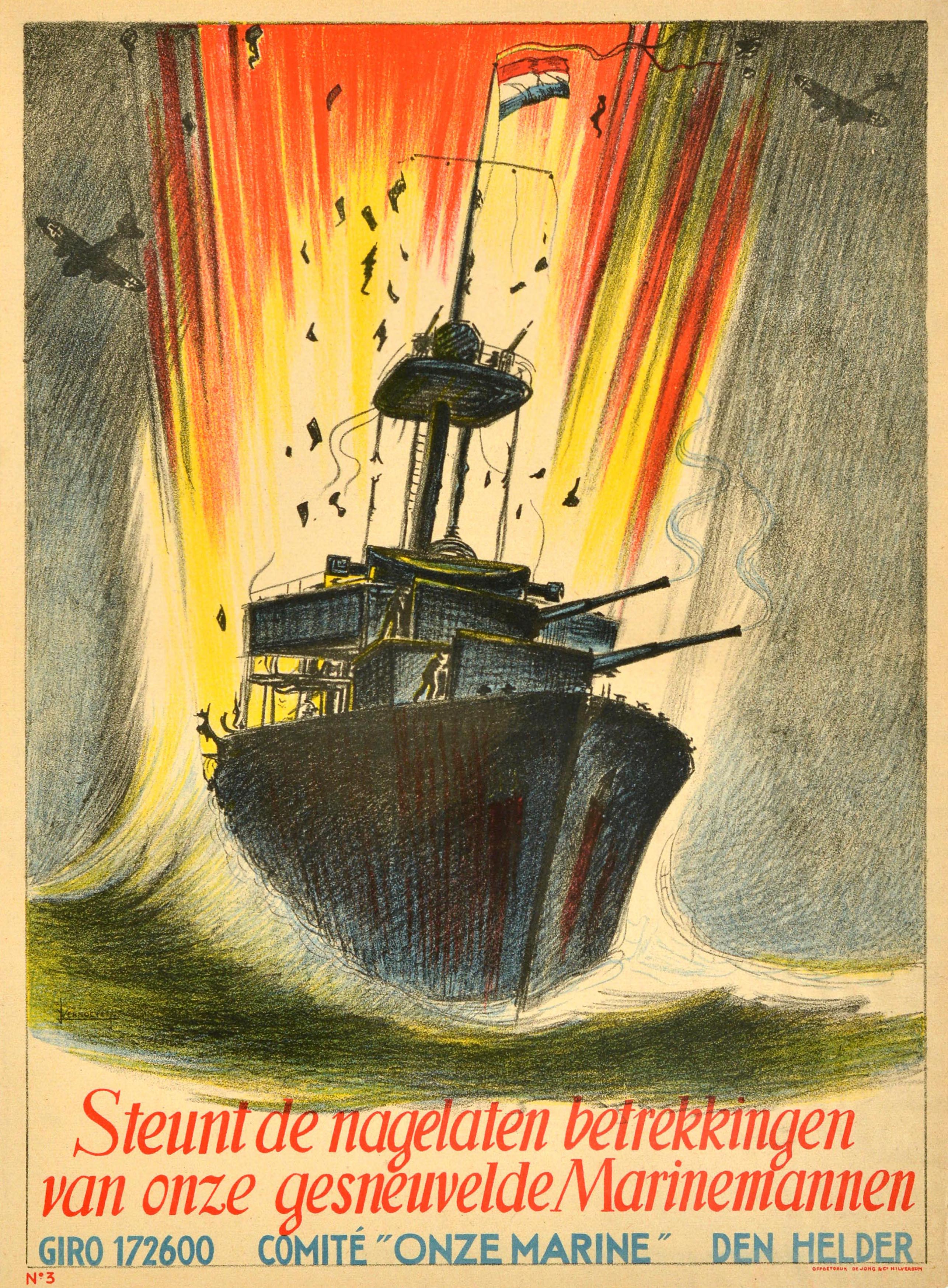 Poster di guerra originale d'epoca per sostenere l'eredità dei nostri caduti della Marina Militare WWII olandese