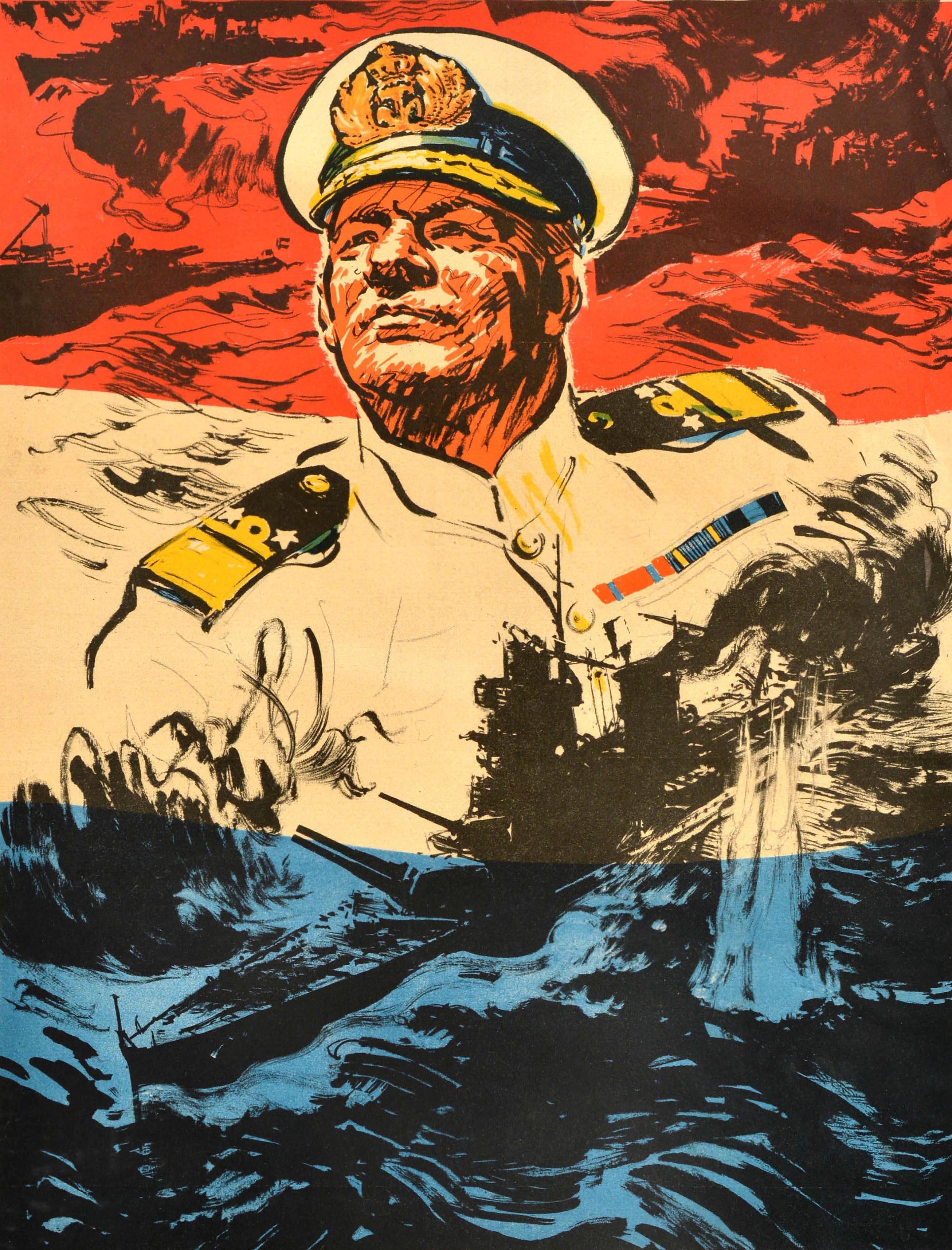Cartel original de época de reclutamiento militar de la Segunda Guerra Mundial para la Marina Holandesa relativo a la acción en las Indias Orientales Holandesas - Ik val aan ... volgt mij dit sein waarmee schout bij nacht doorman de Japansche vloot