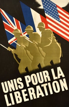 Original Vintage War Poster United For The Liberation WWII Allied Soldiers Flags