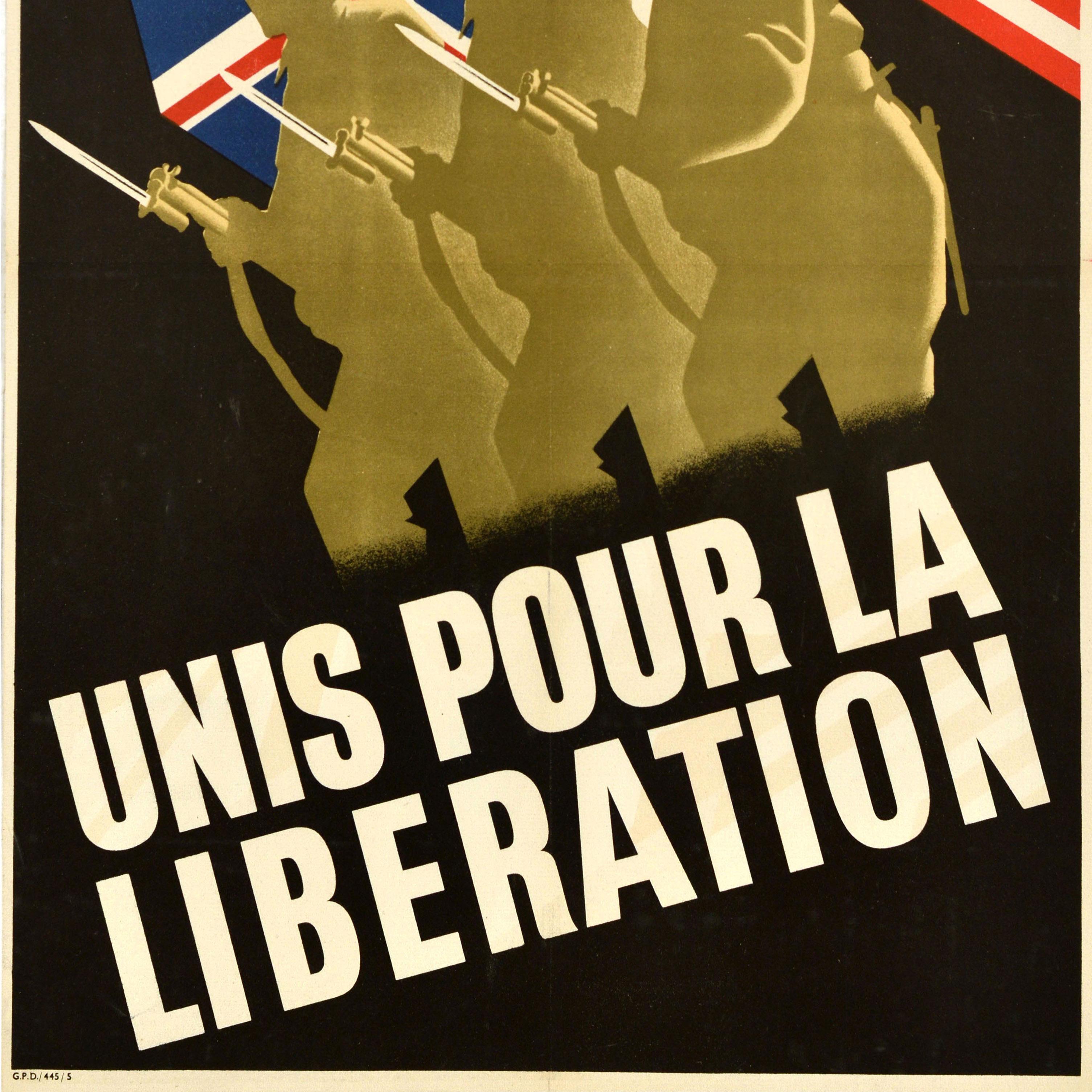 Original Vintage Cartel de Guerra Unidos por la Liberación Segunda Guerra Mundial Soldados Aliados Banderas Británico en venta
