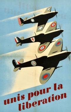 Original Vintage War Poster United For The Liberation WWII Spitfire Planes RAF