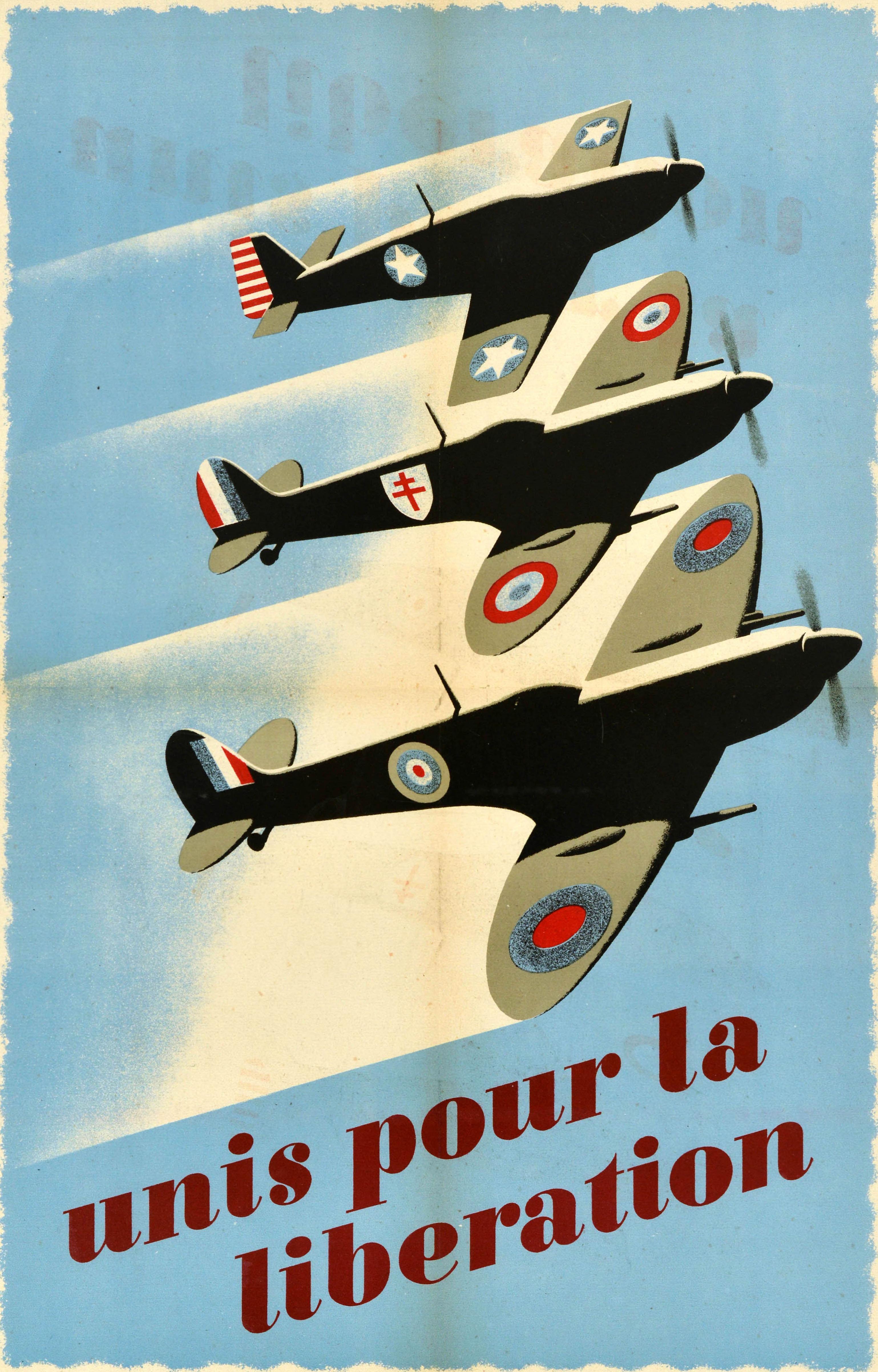 Art Déco Poster di guerra originale d'epoca United For The Liberation WWII Spitfire Planes RAF in vendita