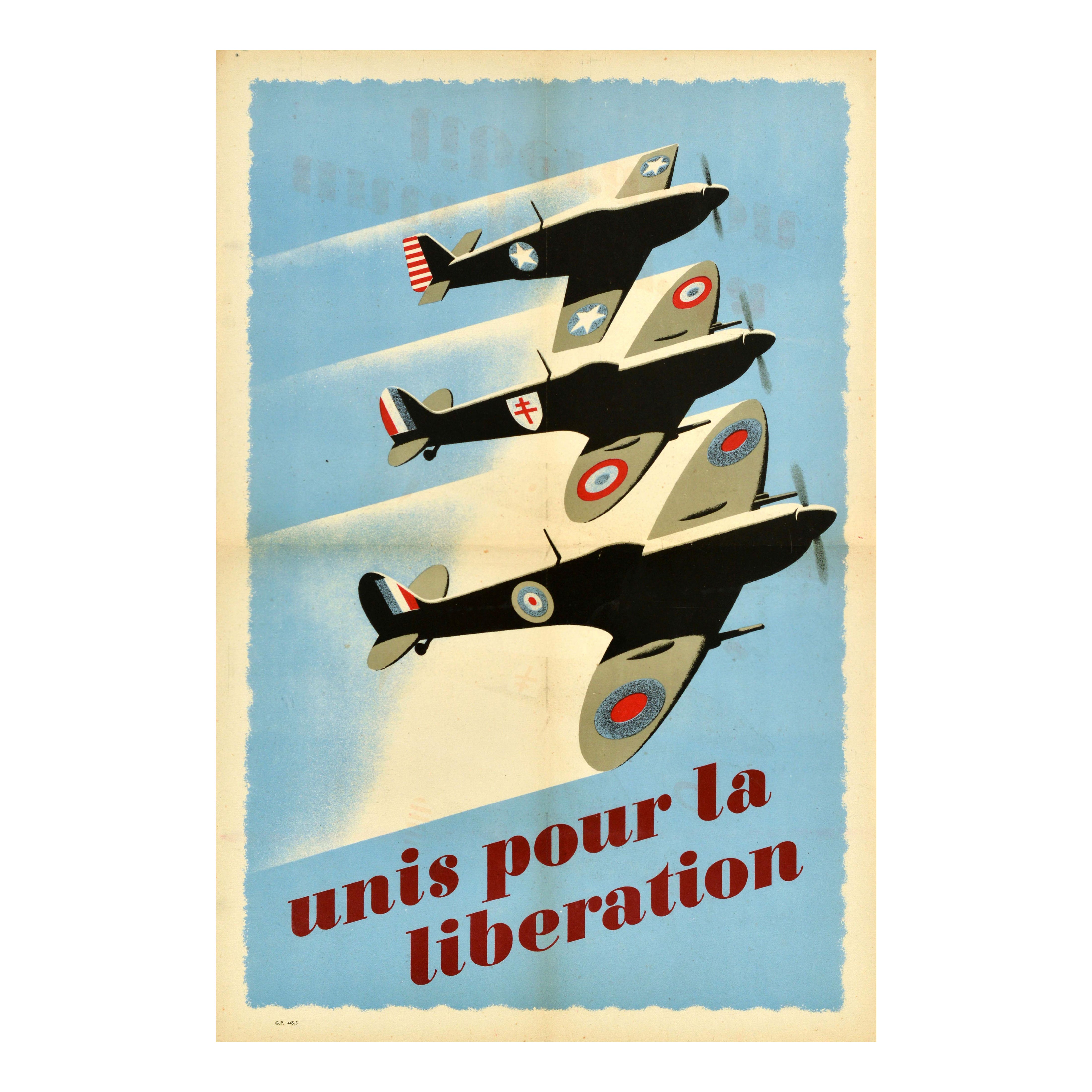 Original Vintage War Poster United For The Liberation WWII Spitfire Planes RAF