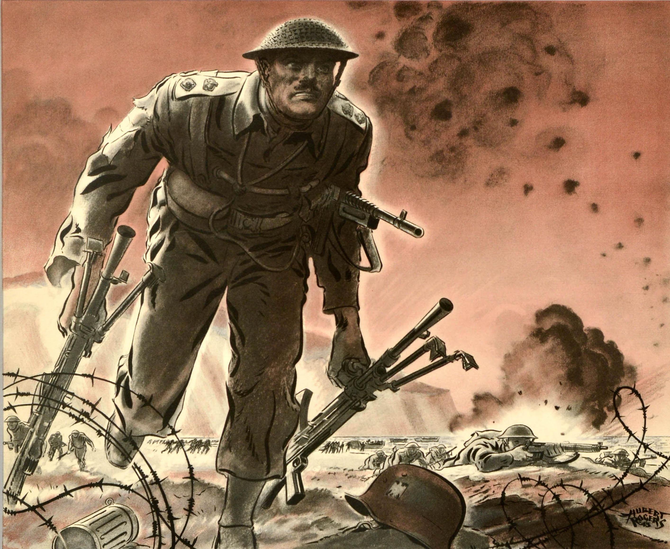 Original vintage World War Two poster - What it takes to win / Ce qu'il faut pour vaincre - featuring a dramatic image of a soldier in military uniform running through a battlefield holding guns with soldiers and explosions behind him and helmets