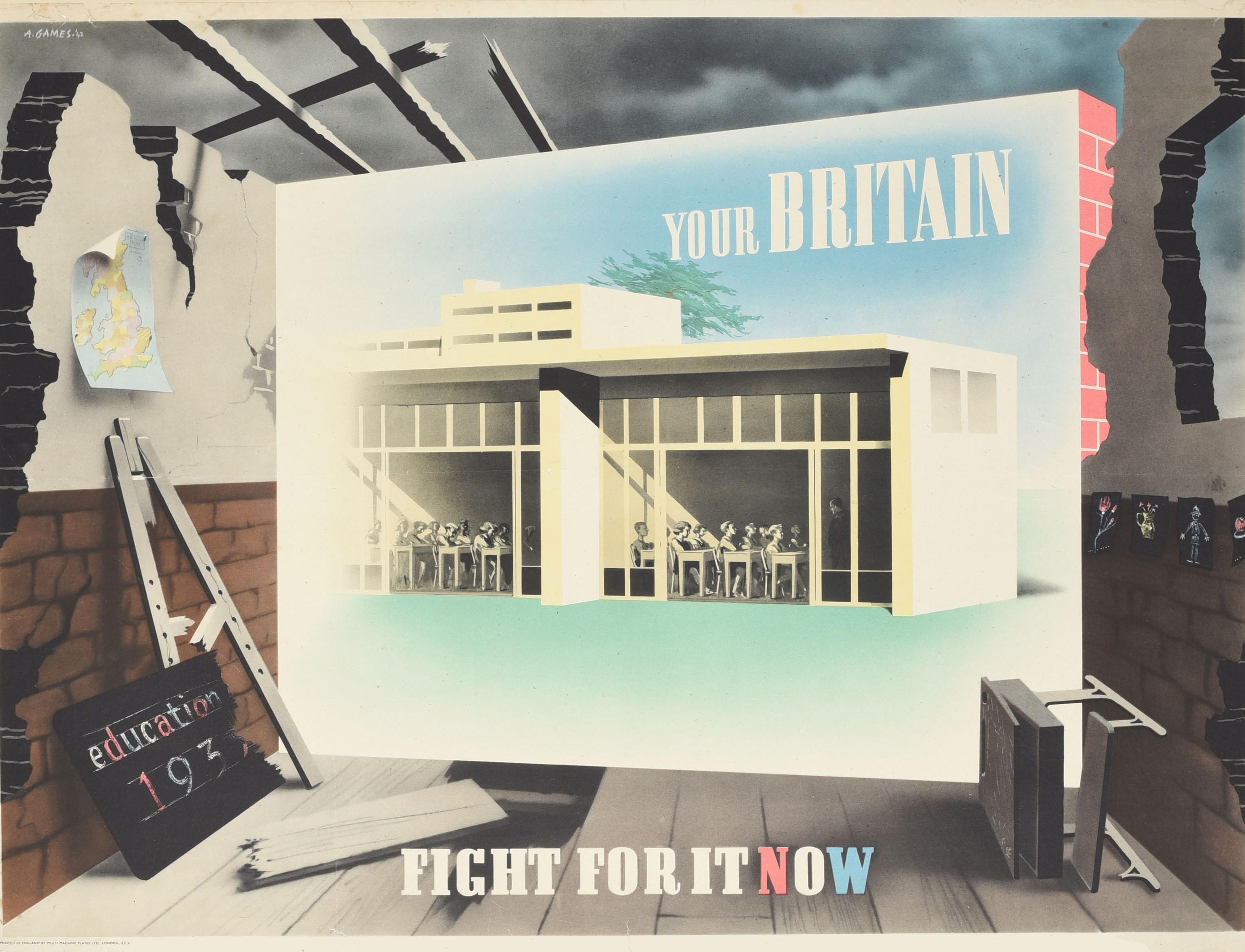 Original vintage World War Two poster - Your Britain Fight For It Now - featuring a great design by the notable British graphic designer Abram Games (Abraham Gamse; 1914-1996) depicting a dark illustration of a bombed out street in ruins with a