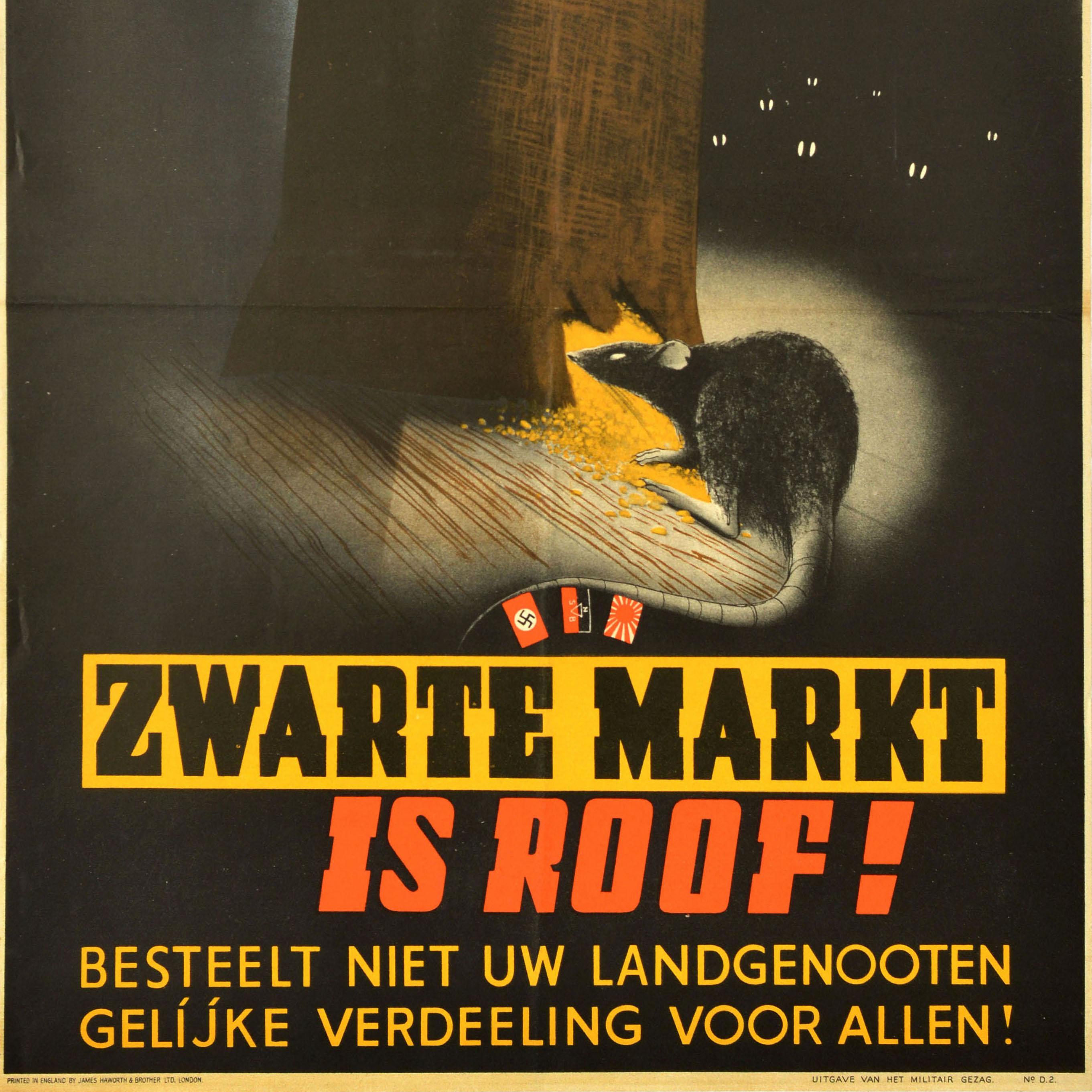 Poster di guerra originale d'epoca Zwarte Markt Mercato Nero Furto WWII Pat Keely Rat In condizioni buone in vendita a London, GB