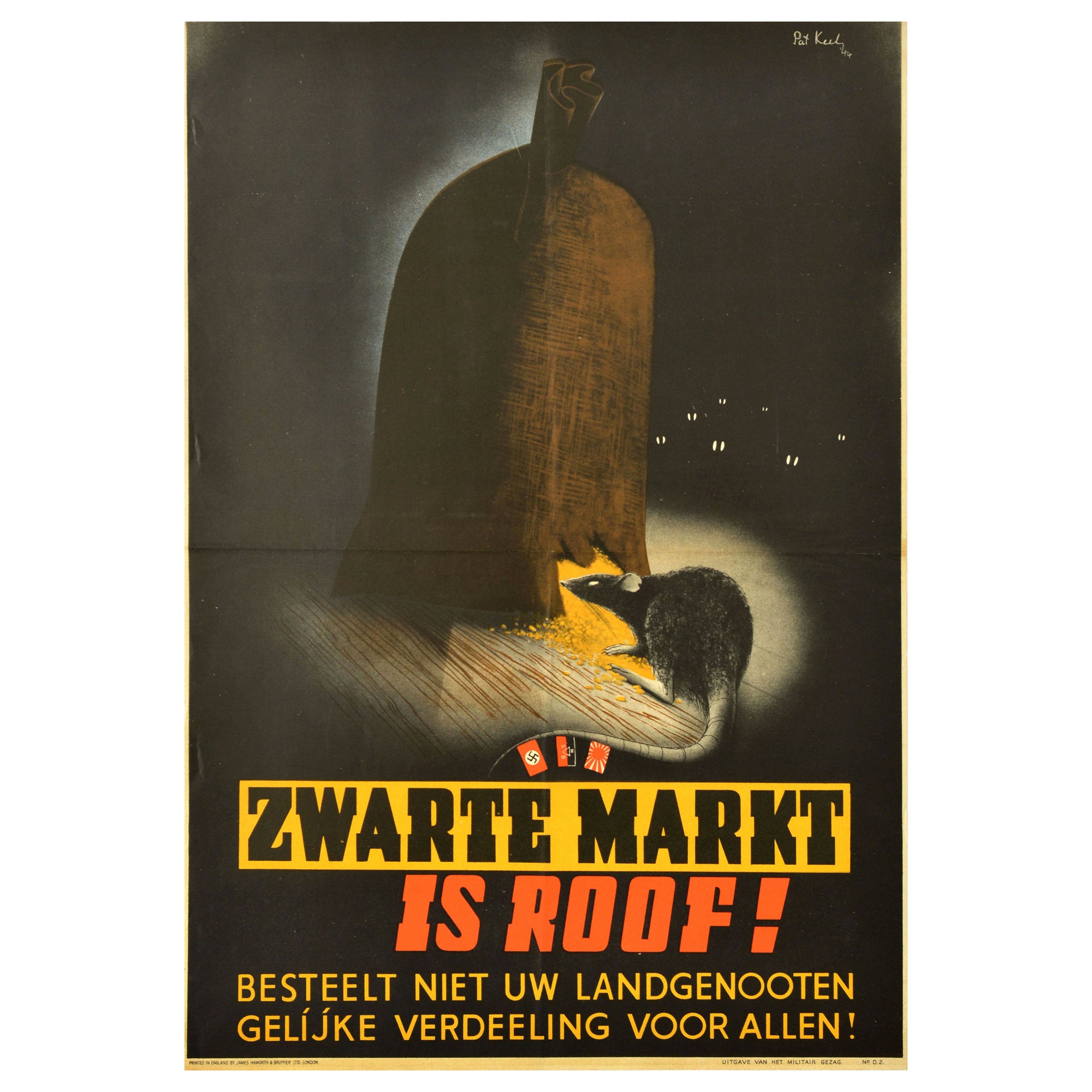 Poster di guerra originale d'epoca Zwarte Markt Mercato Nero Furto WWII Pat Keely Rat in vendita