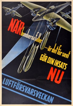 Original Vintage War Propaganda Poster Air Defence Week WWII Sweden Do Your Bit