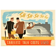 Original Vintage War Propaganda Poster Careless Talk Costs Lives WWII Train Shh